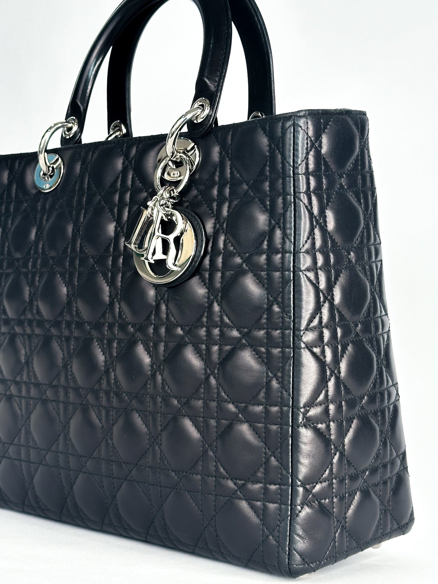 Christian Dior Large Lady Dior Black Cannage Lambskin Silver Hardware