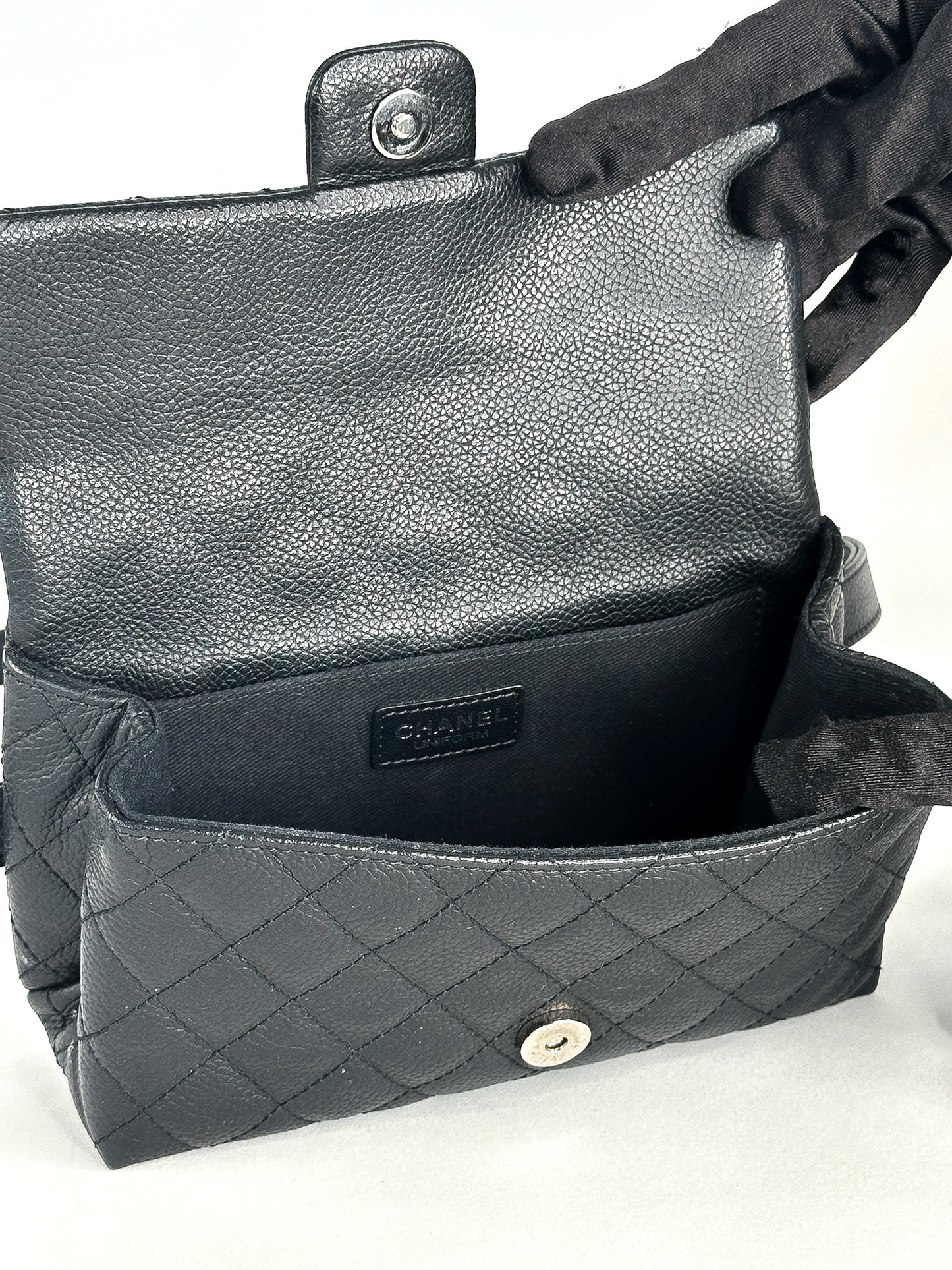 Chanel Uniform Caviar Leather Black Belt Bag Silver Hardware