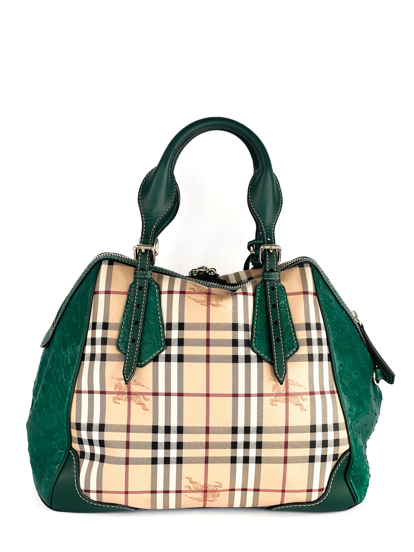 Burberry Haymarket Check Coated Canvas and Leather Boston Bag Limited Edition with Ostrich Leather