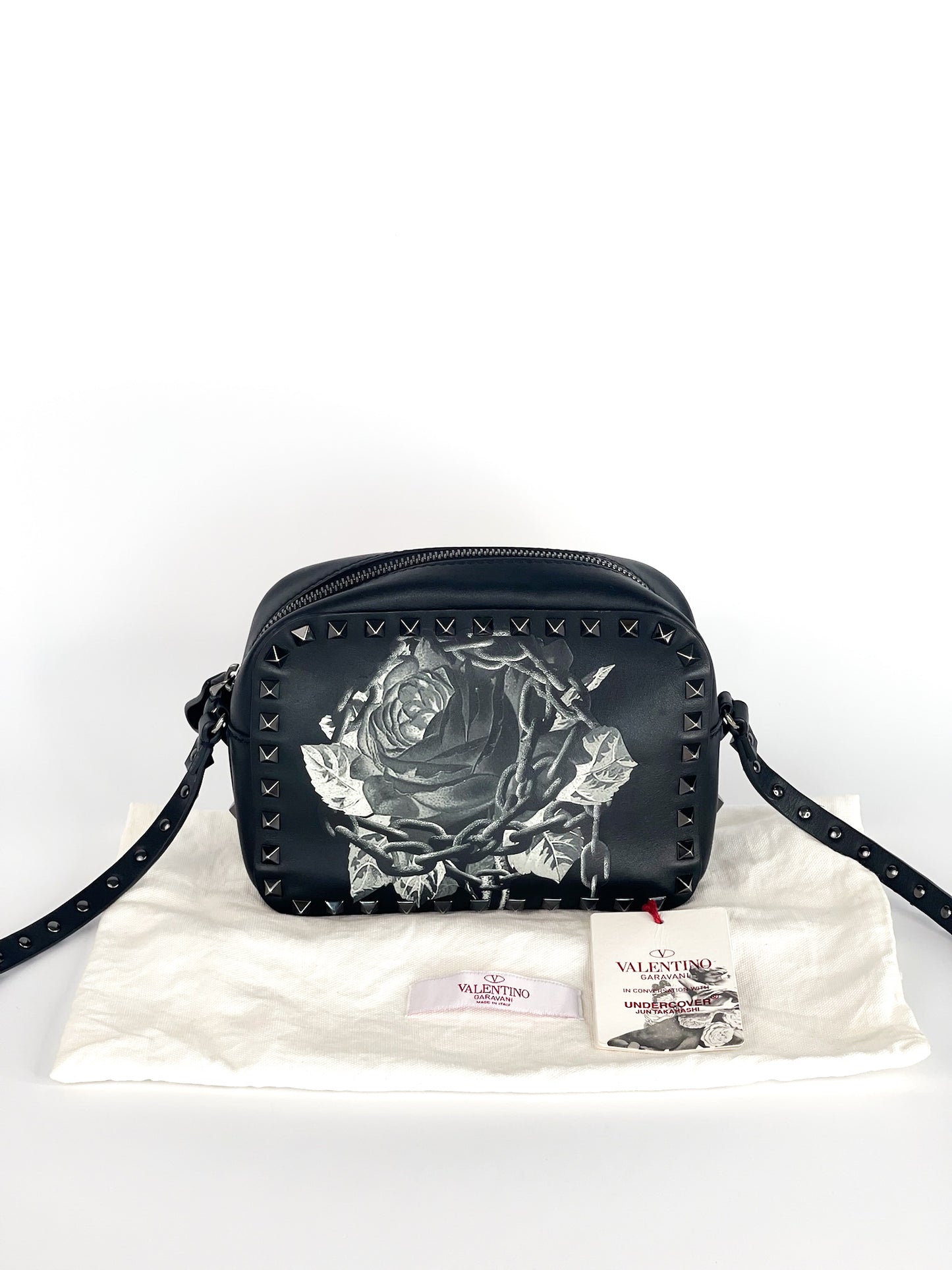 Valentino Garavani X UNDERCOVER Calfskin Rockstud Rose Print Camera Crossbody Bag Black Limited Edition