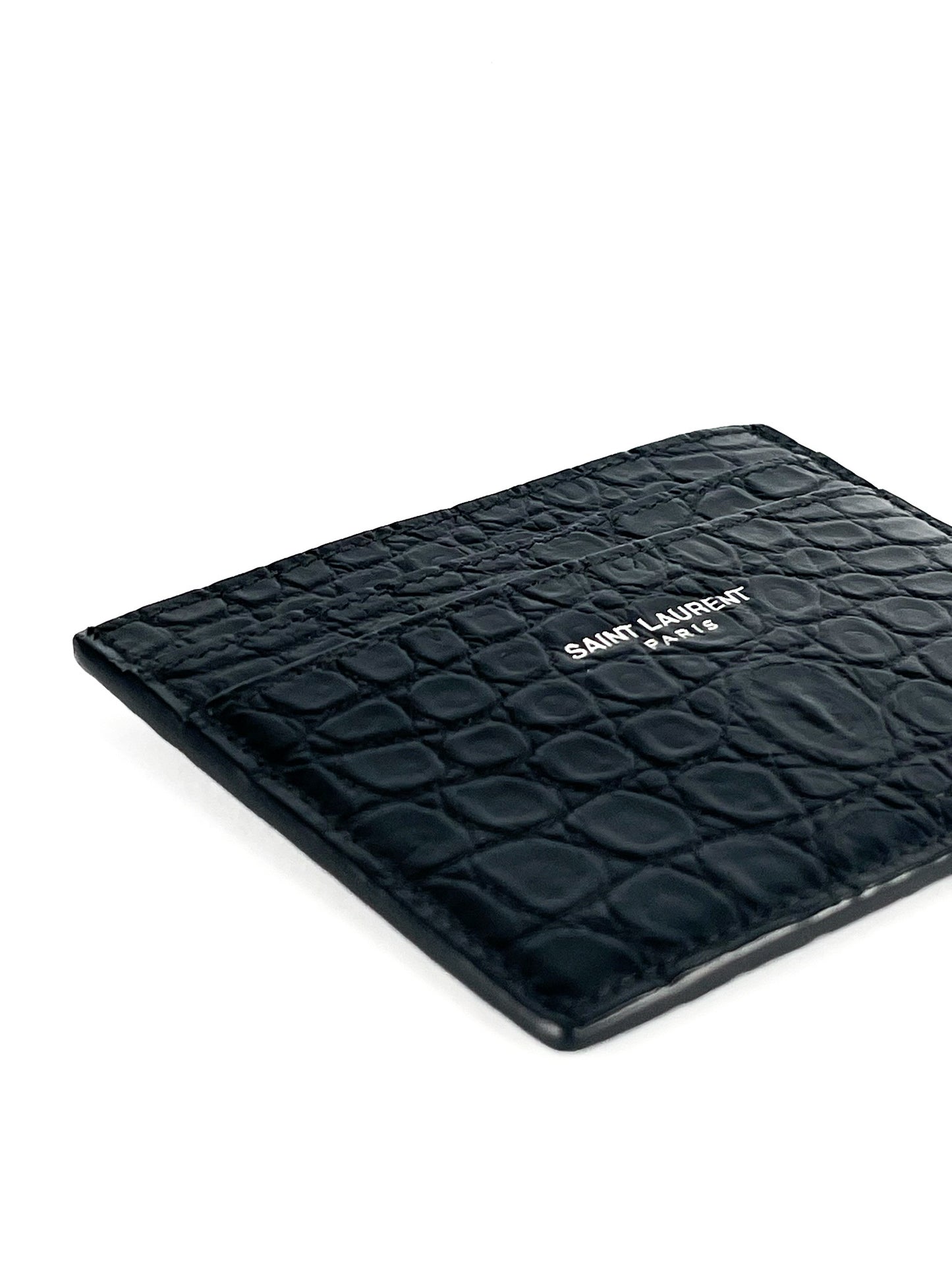 Saint Laurent Calfskin Crocodile Embossed Card Case Black