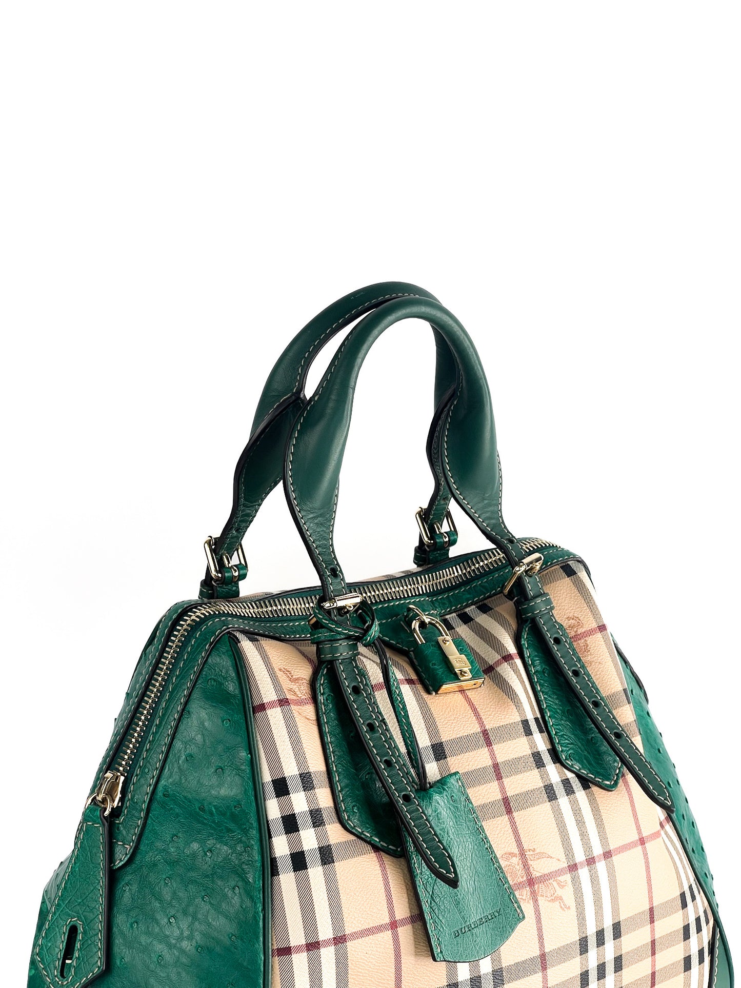 Burberry Haymarket Check Coated Canvas and Leather Boston Bag Limited Edition with Ostrich Leather