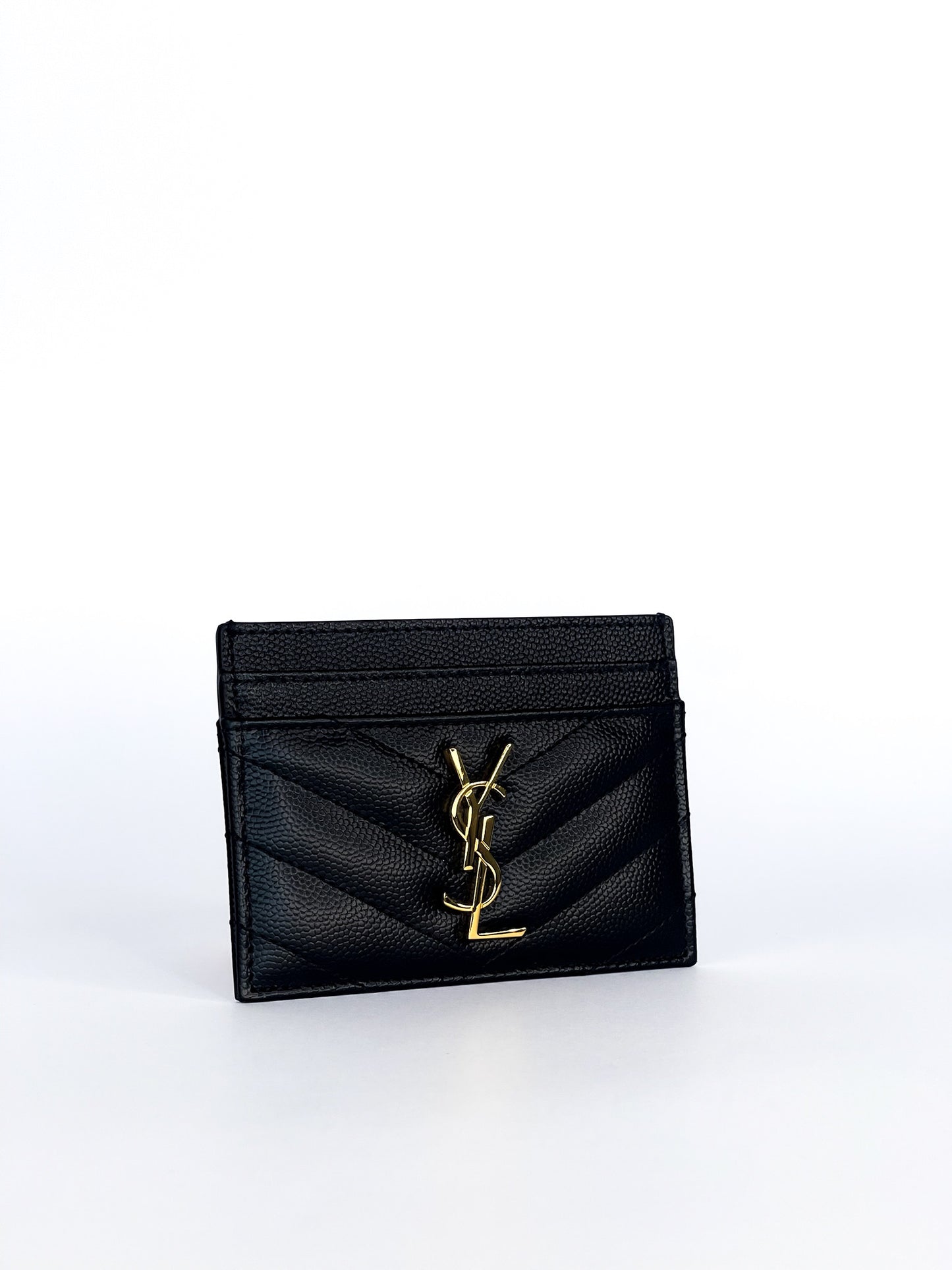 Saint Laurent Grain De Poudre Matelasse Chevron Monogram Credit Card Case Black