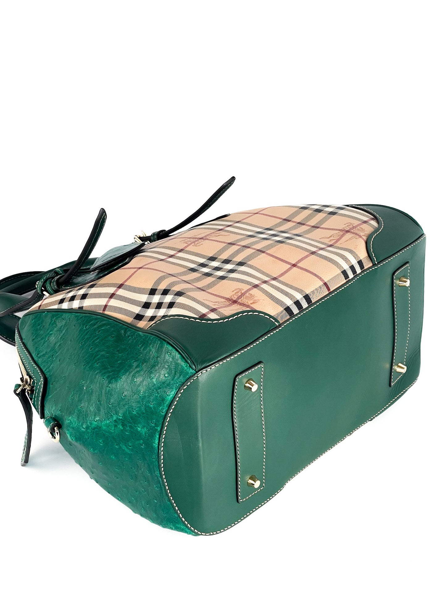 Burberry Haymarket Check Coated Canvas and Leather Boston Bag Limited Edition with Ostrich Leather