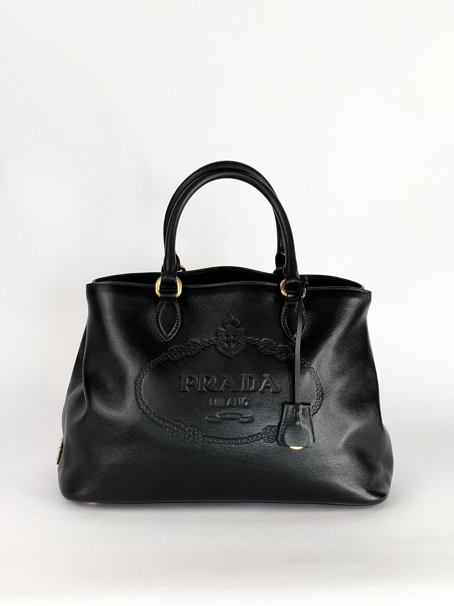 Prada Glace Calfskin Embossed Logo Tote Black