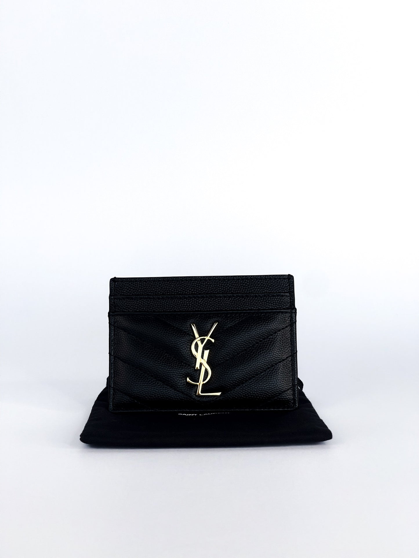Saint Laurent Grain De Poudre Matelasse Chevron Monogram Credit Card Case Black