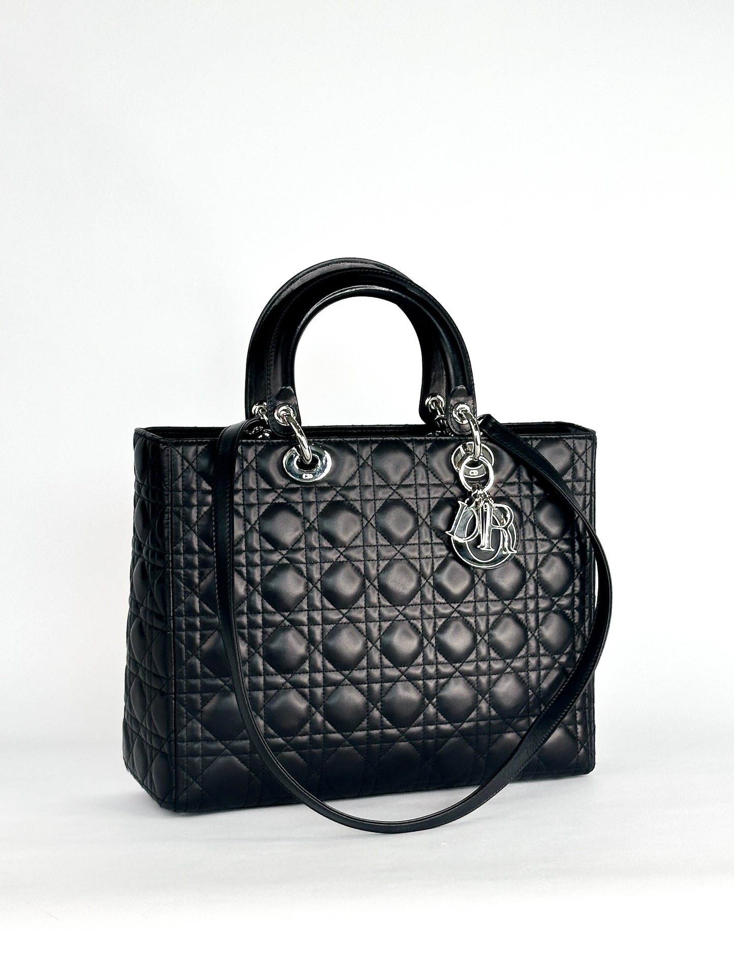 Christian Dior Large Lady Dior Black Cannage Lambskin Silver Hardware