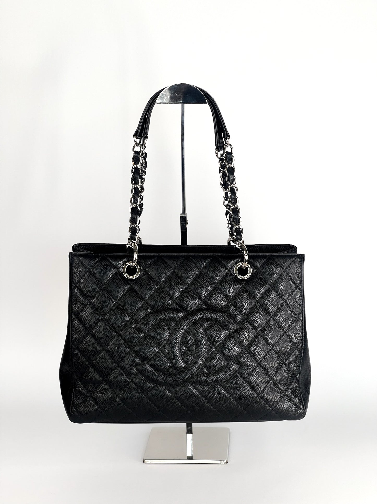 Chanel Grand Shopping Tote (GST) Black Quilted Caviar Leather Silver Hardware