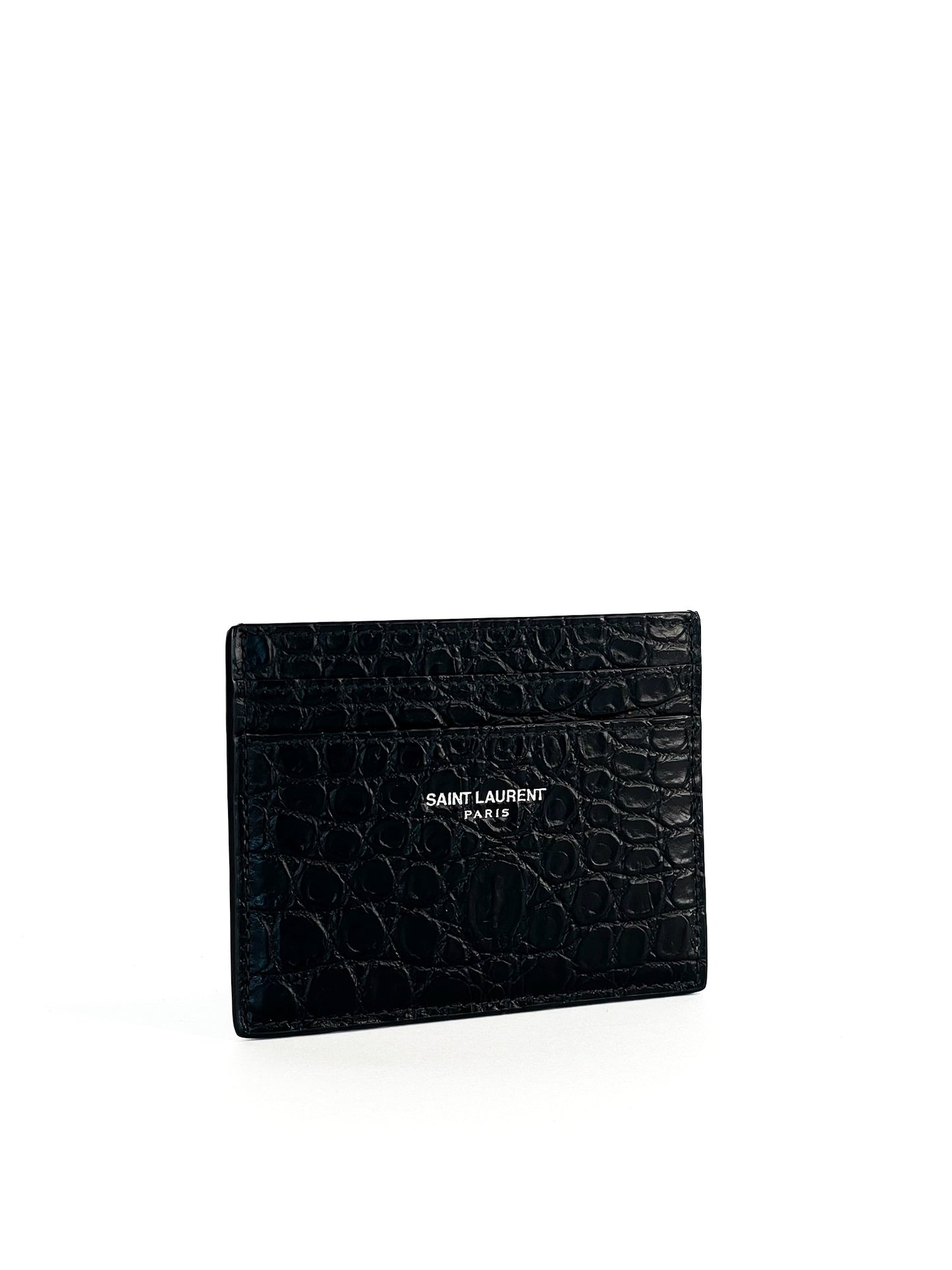 Saint Laurent Calfskin Crocodile Embossed Card Case Black
