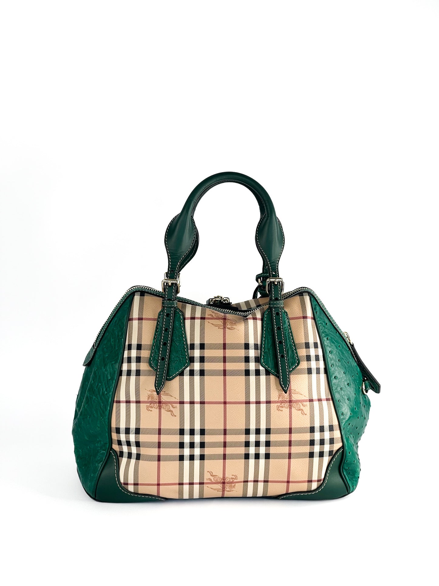 Burberry Haymarket Check Coated Canvas and Leather Boston Bag Limited Edition with Ostrich Leather