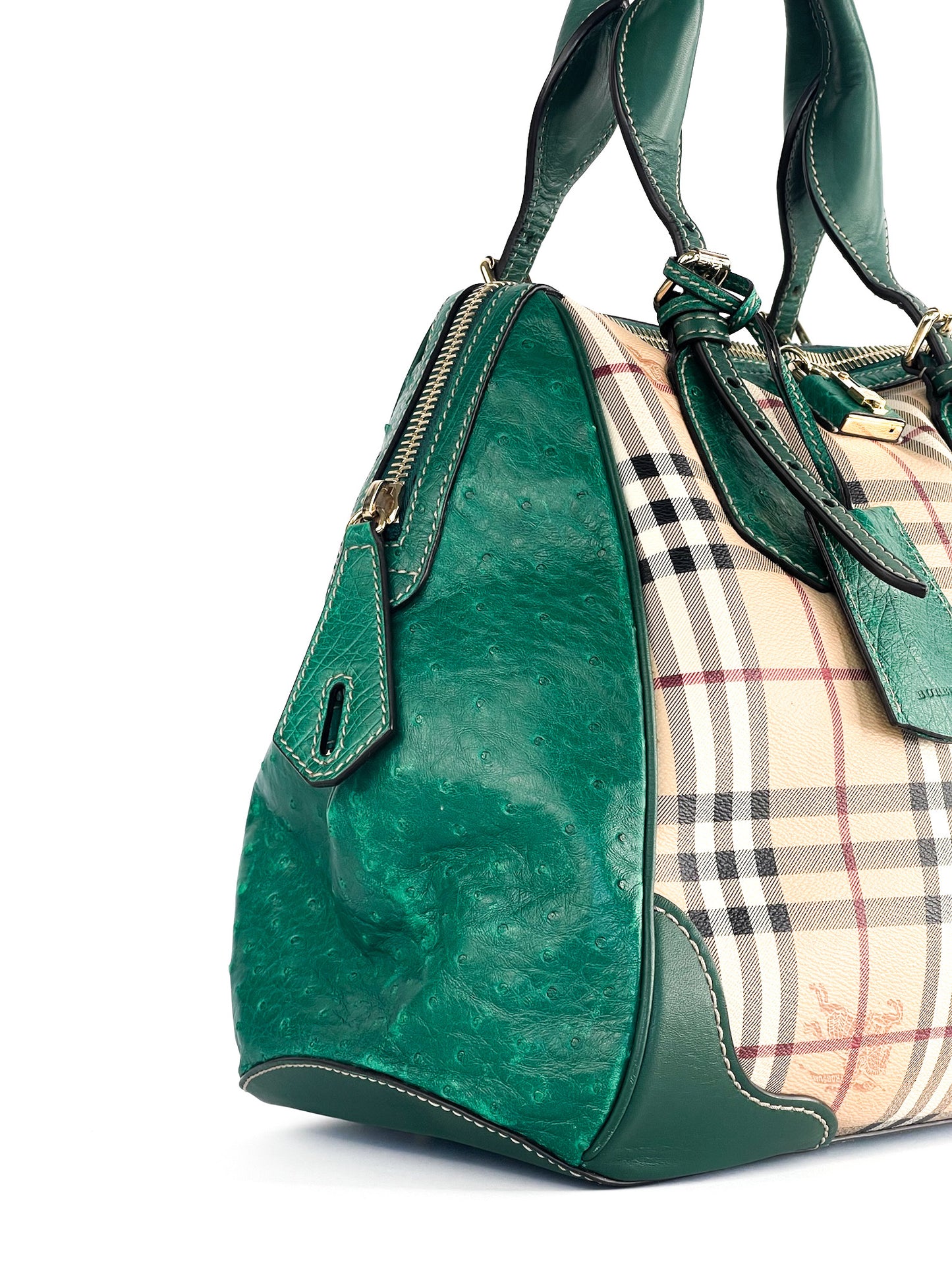 Burberry Haymarket Check Coated Canvas and Leather Boston Bag Limited Edition with Ostrich Leather