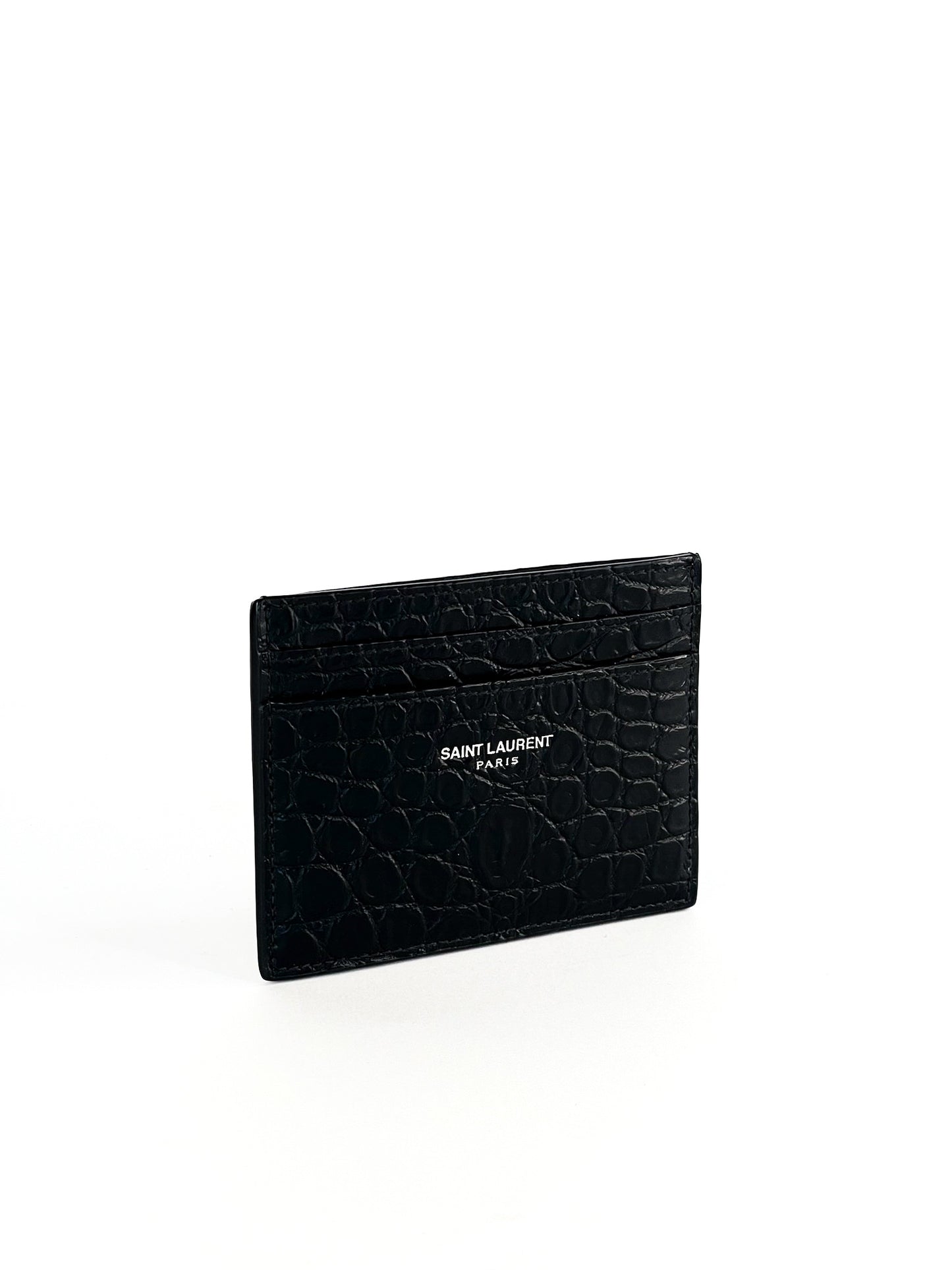 Saint Laurent Calfskin Crocodile Embossed Card Case Black