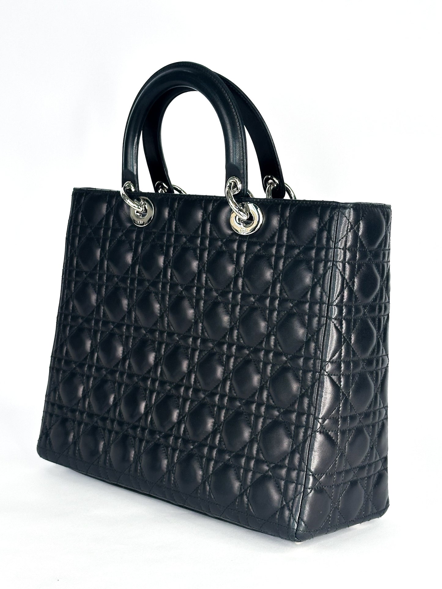 Christian Dior Large Lady Dior Black Cannage Lambskin Silver Hardware