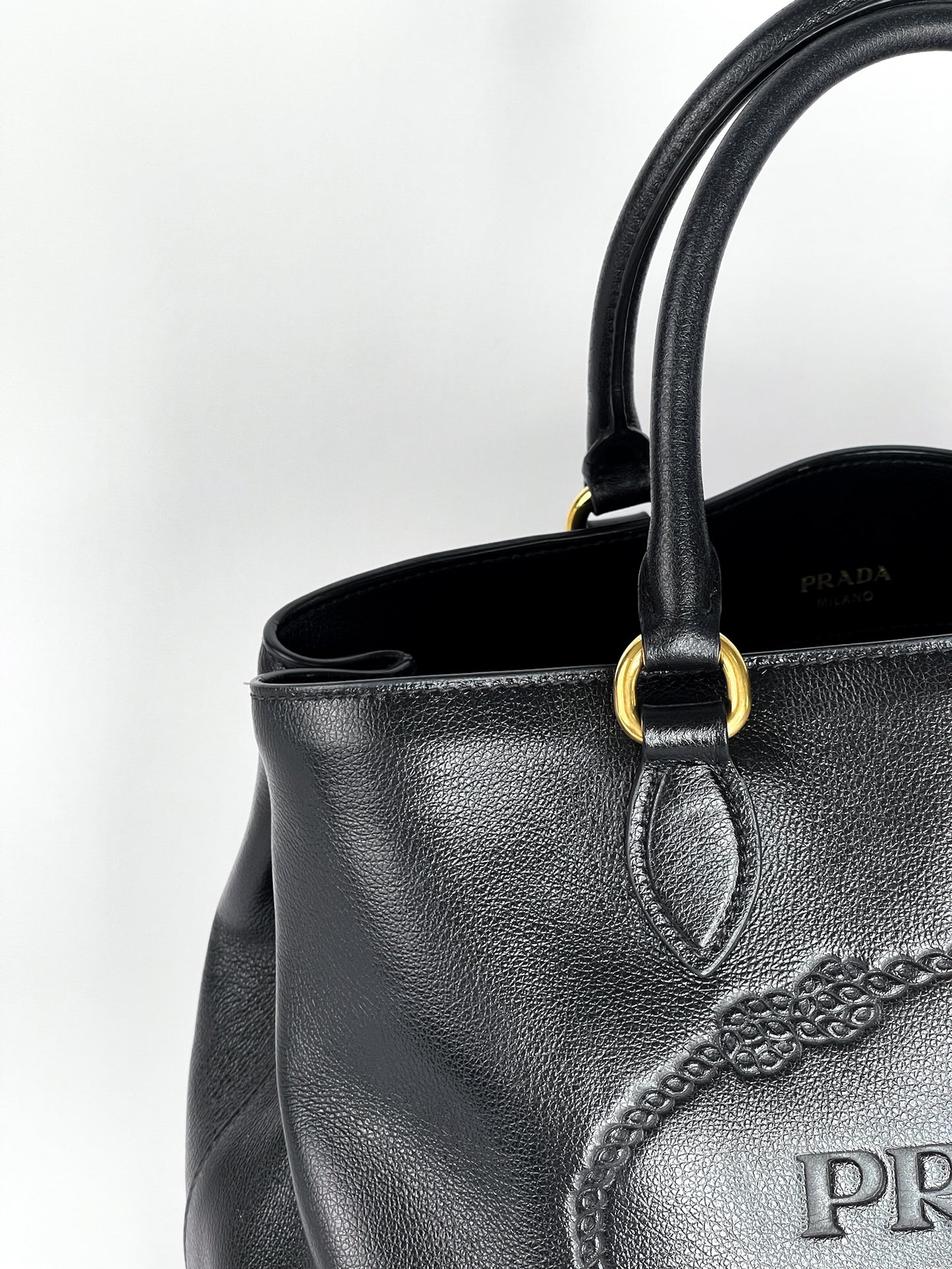 Prada Glace Calfskin Embossed Logo Tote Black