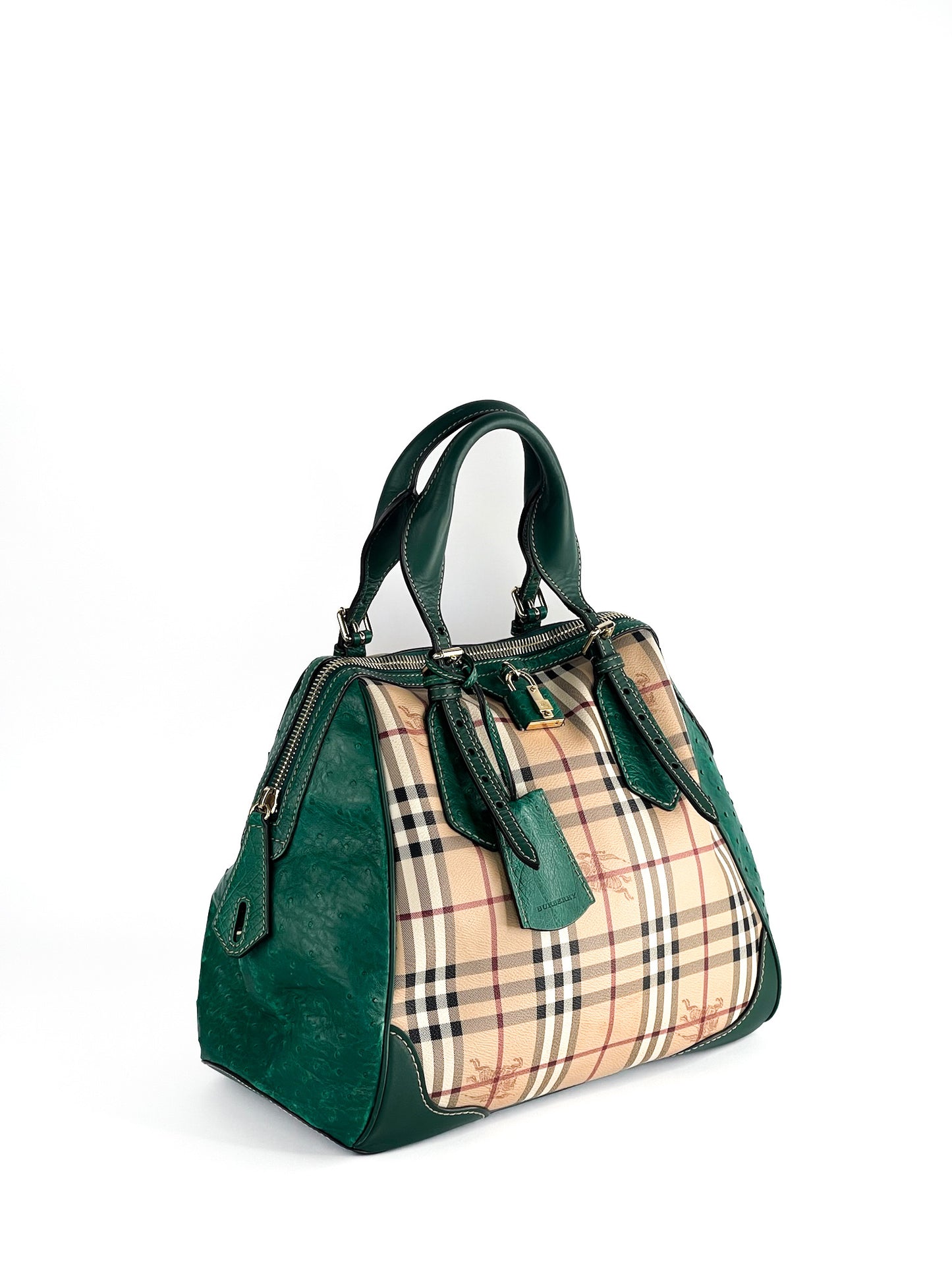 Burberry Haymarket Check Coated Canvas and Leather Boston Bag Limited Edition with Ostrich Leather