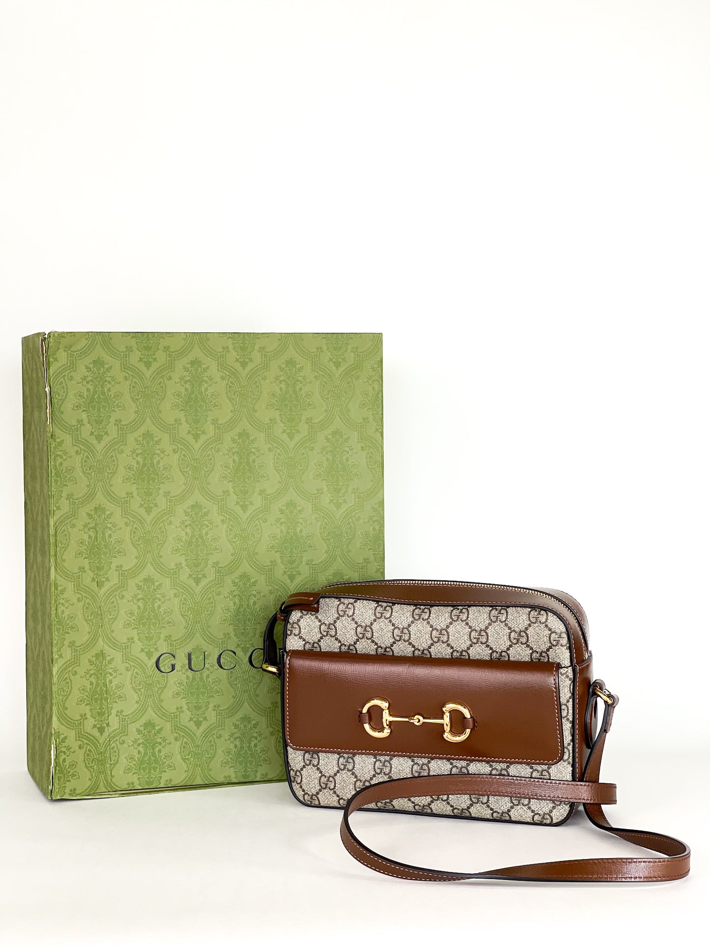 Gucci Small Horsebit Beige/Brown GG Supreme Canvas and Leather Shoulder Bag
