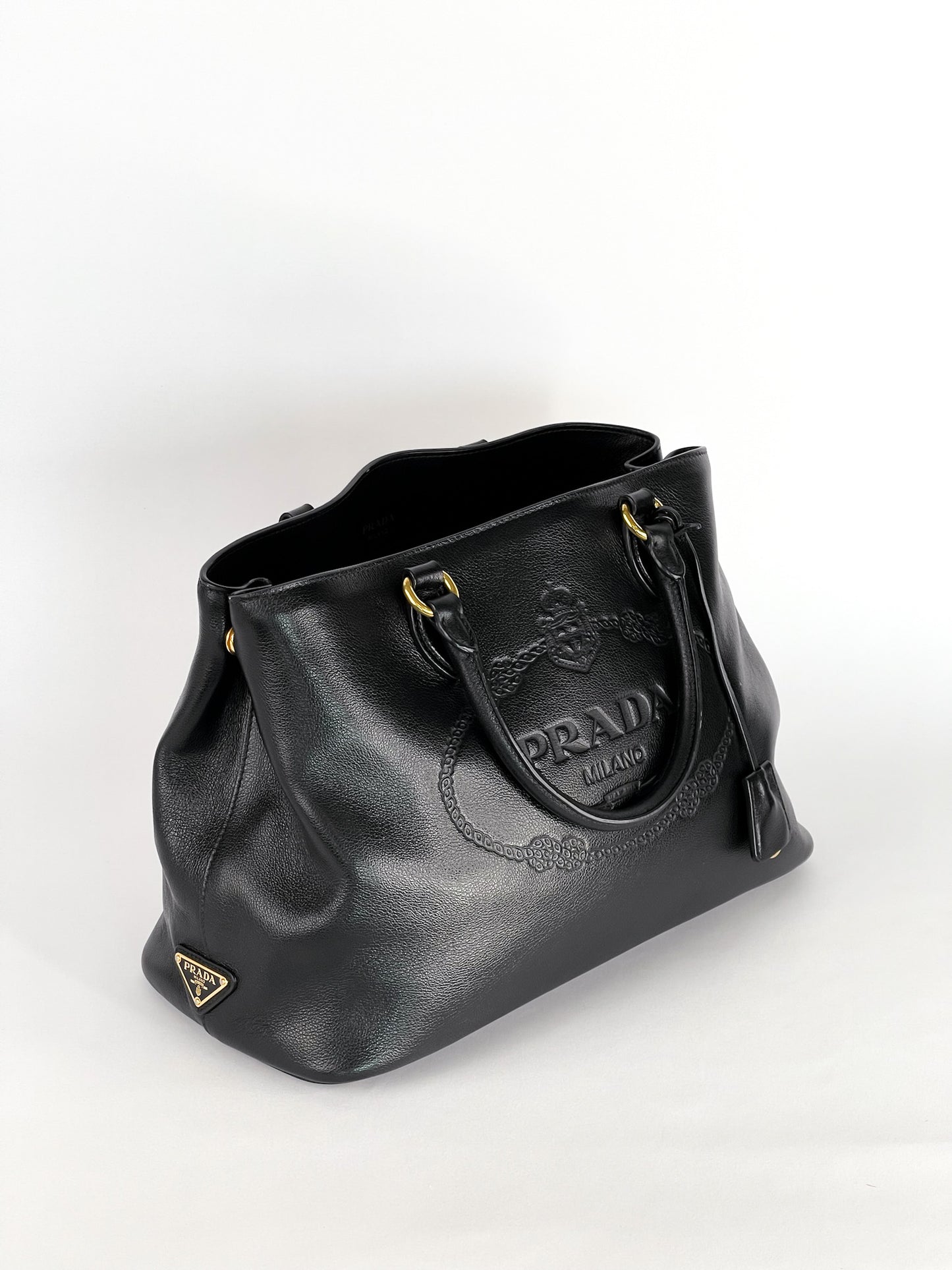 Prada Glace Calfskin Embossed Logo Tote Black