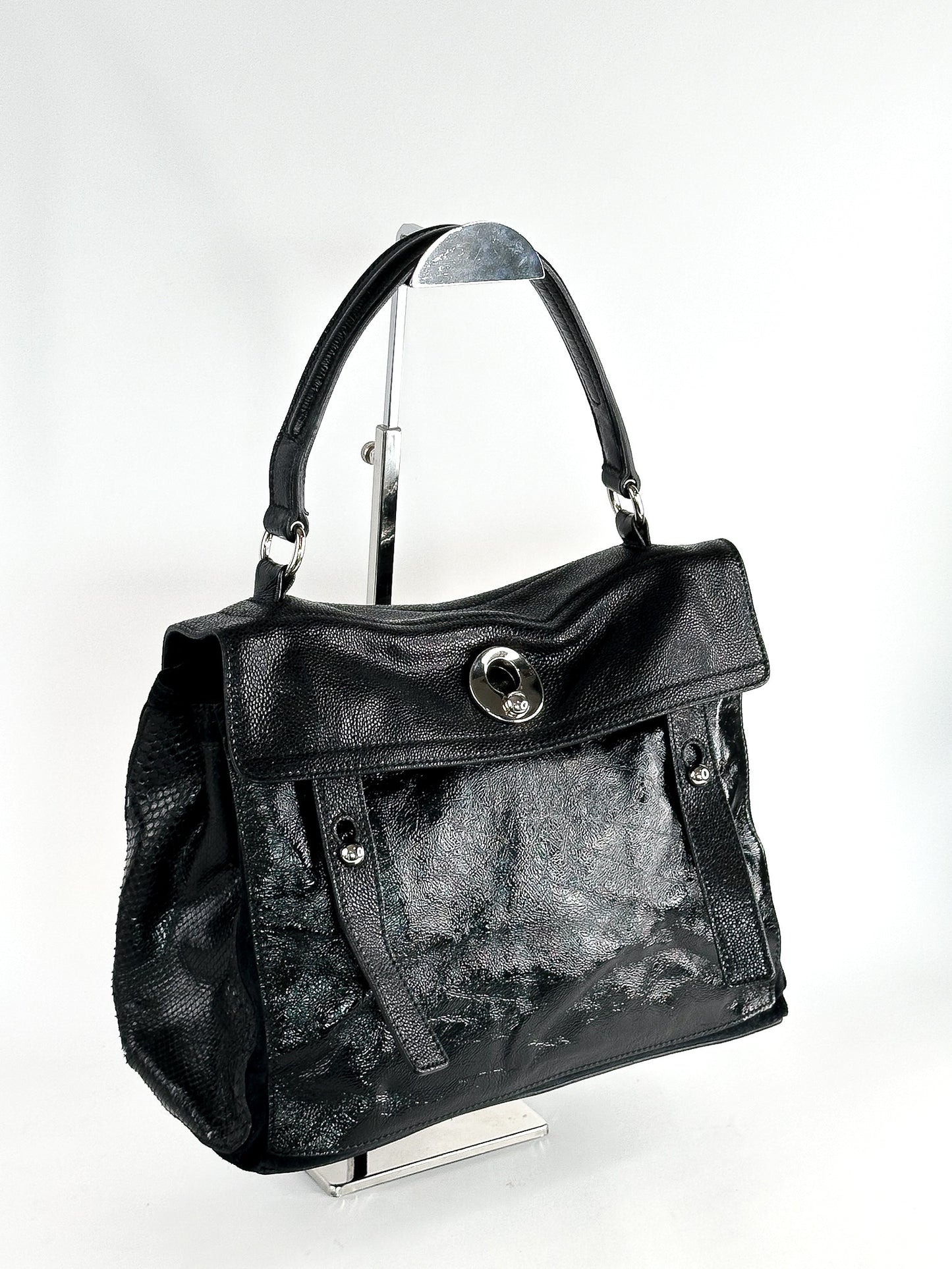 Yves Saint Laurent Black Patent Leather/Python and Suede Muse Two Satchel Medium