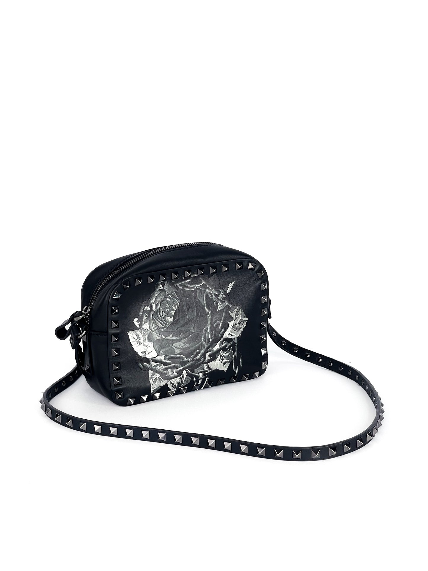Valentino Garavani X UNDERCOVER Calfskin Rockstud Rose Print Camera Crossbody Bag Black Limited Edition