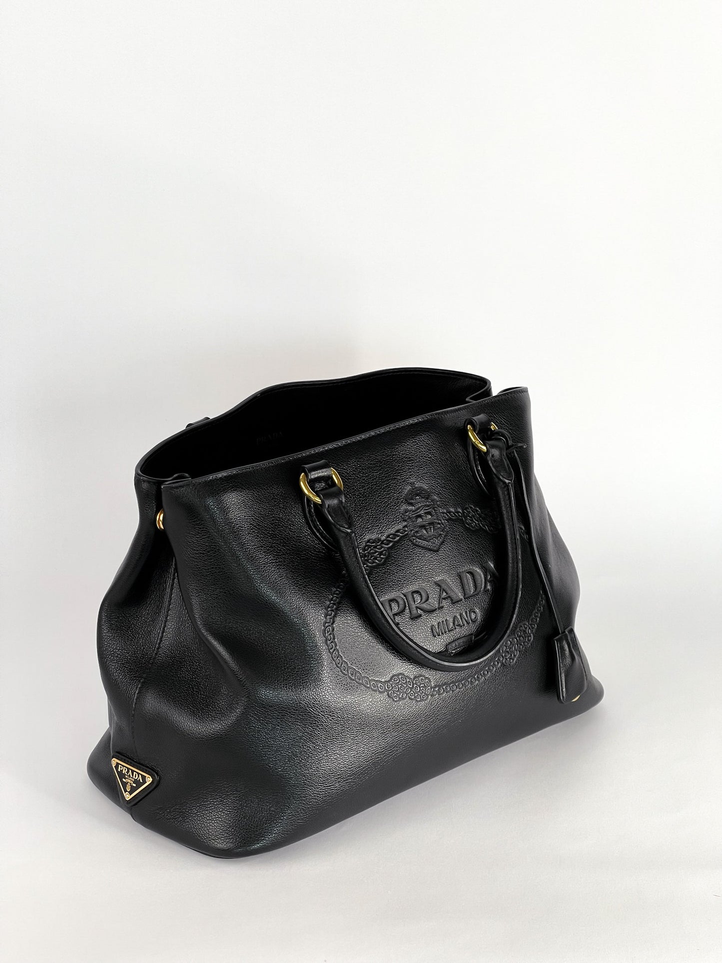 Prada Glace Calfskin Embossed Logo Tote Black