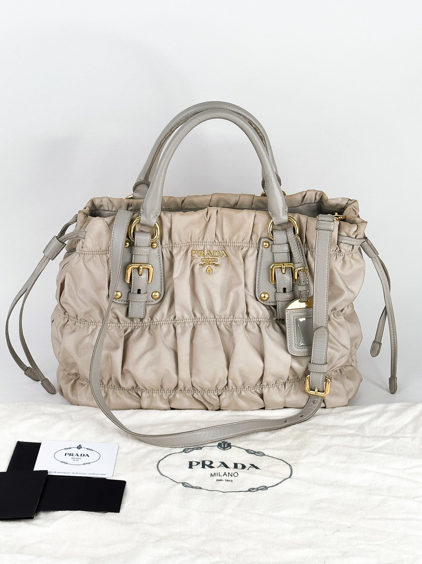 Prada Tessuto Gaufre Alluminio Two Way Bag Gold Hardware