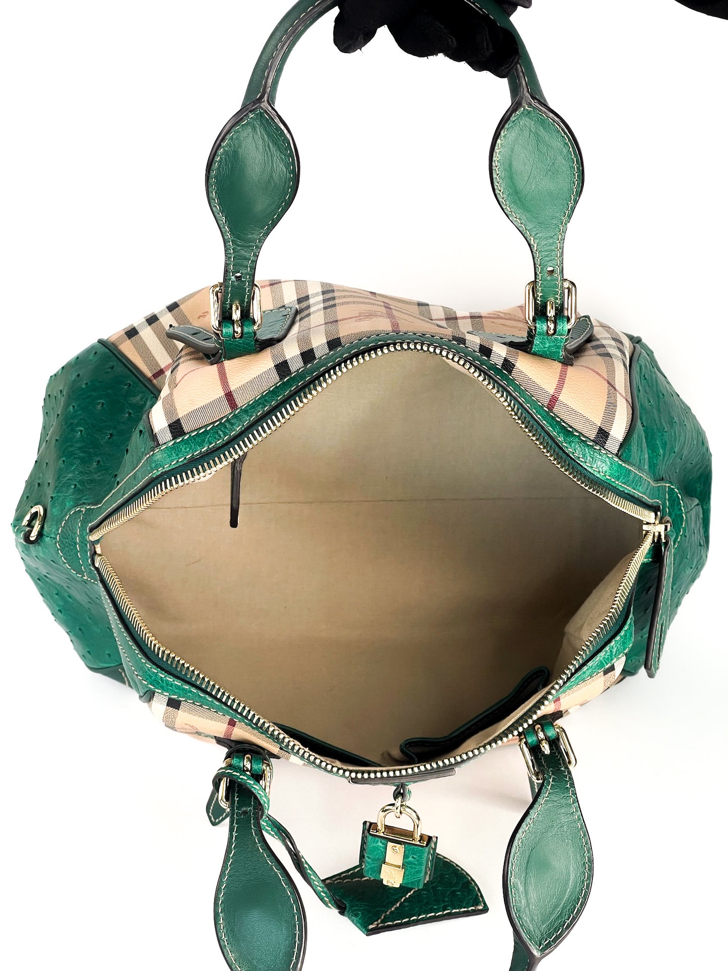 Burberry Haymarket Check Coated Canvas and Leather Boston Bag Limited Edition with Ostrich Leather