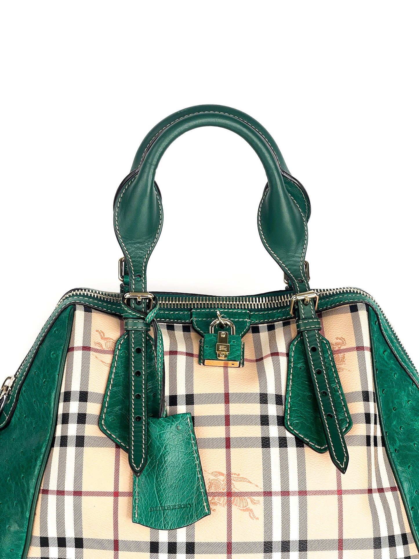 Burberry Haymarket Check Coated Canvas and Leather Boston Bag Limited Edition with Ostrich Leather