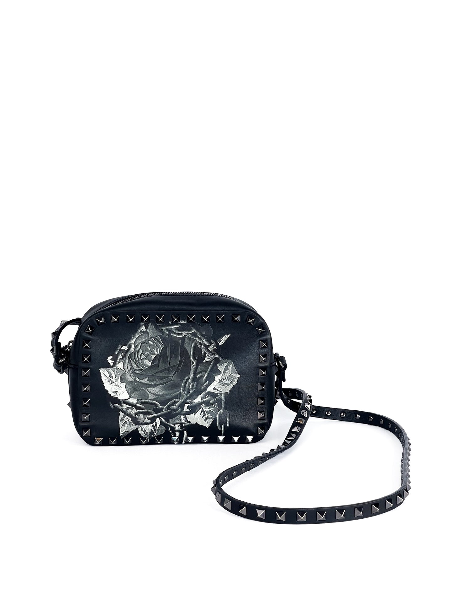 Valentino Garavani X UNDERCOVER Calfskin Rockstud Rose Print Camera Crossbody Bag Black Limited Edition