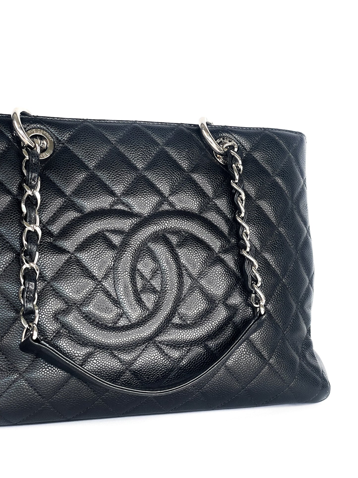 Chanel Grand Shopping Tote (GST) Black Quilted Caviar Leather Silver Hardware