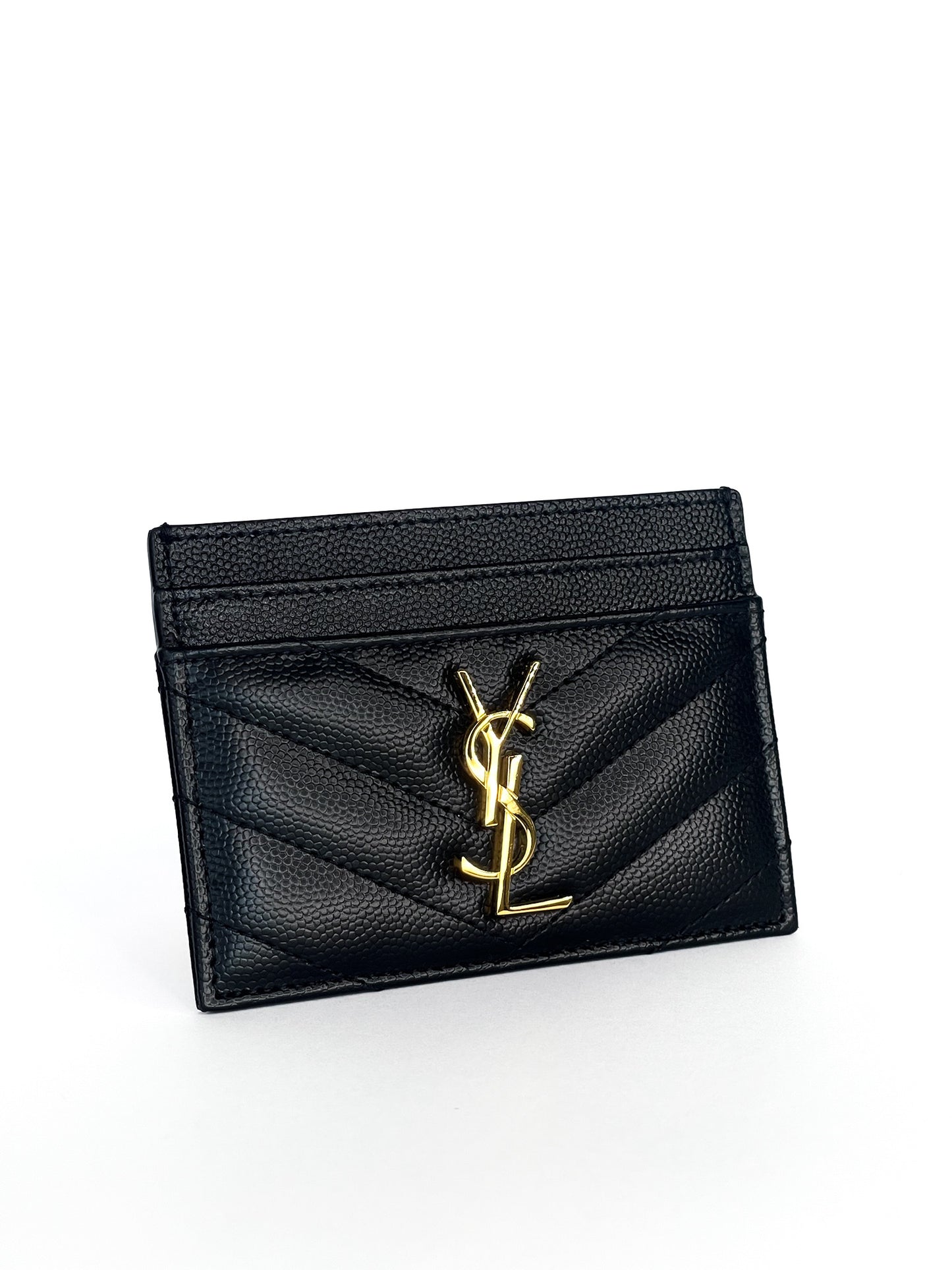 Saint Laurent Grain De Poudre Matelasse Chevron Monogram Credit Card Case Black
