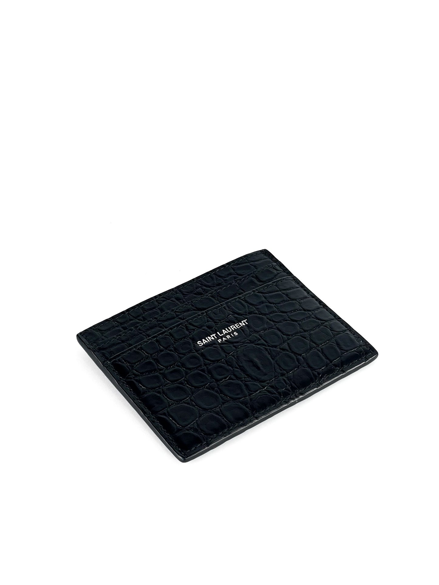 Saint Laurent Calfskin Crocodile Embossed Card Case Black