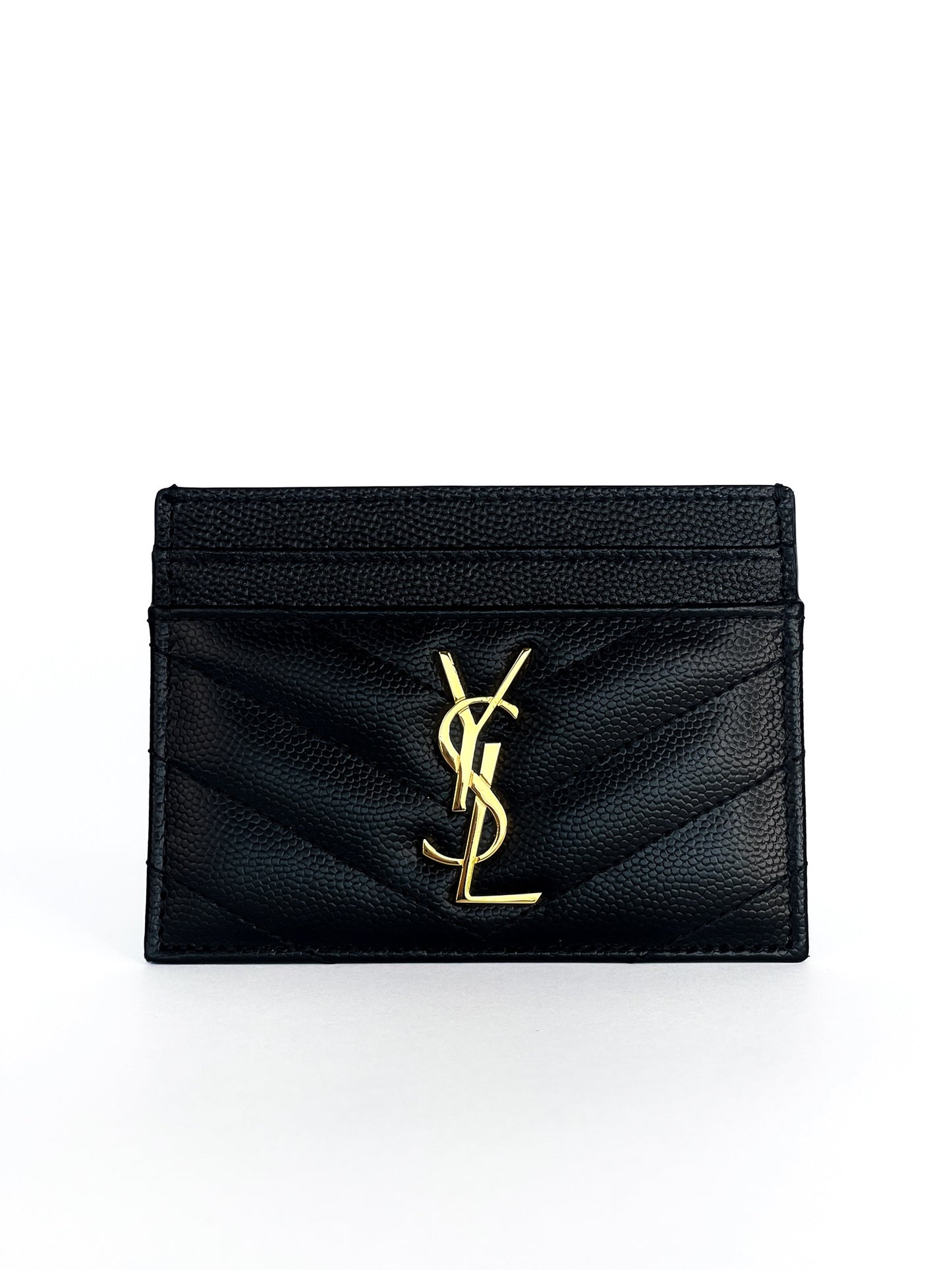Saint Laurent Grain De Poudre Matelasse Chevron Monogram Credit Card Case Black
