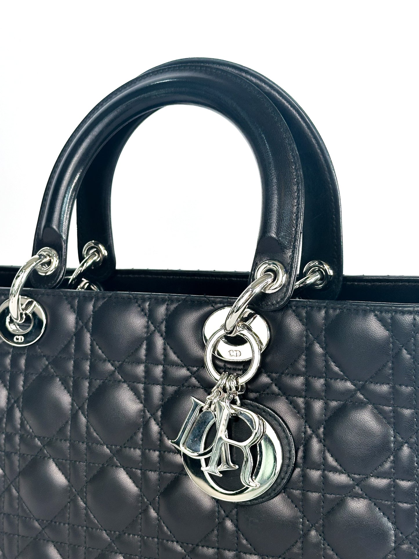 Christian Dior Large Lady Dior Black Cannage Lambskin Silver Hardware