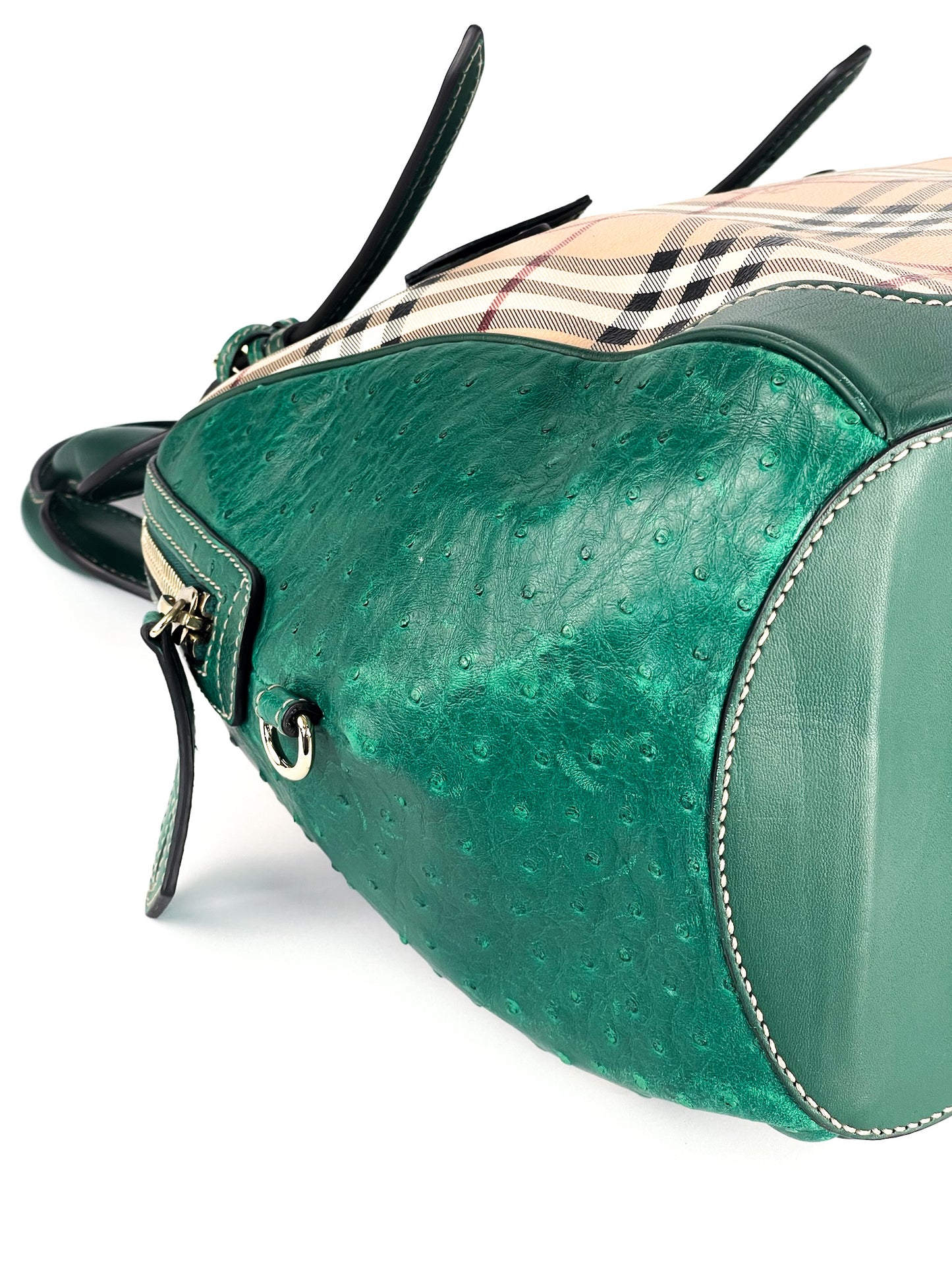 Burberry Haymarket Check Coated Canvas and Leather Boston Bag Limited Edition with Ostrich Leather