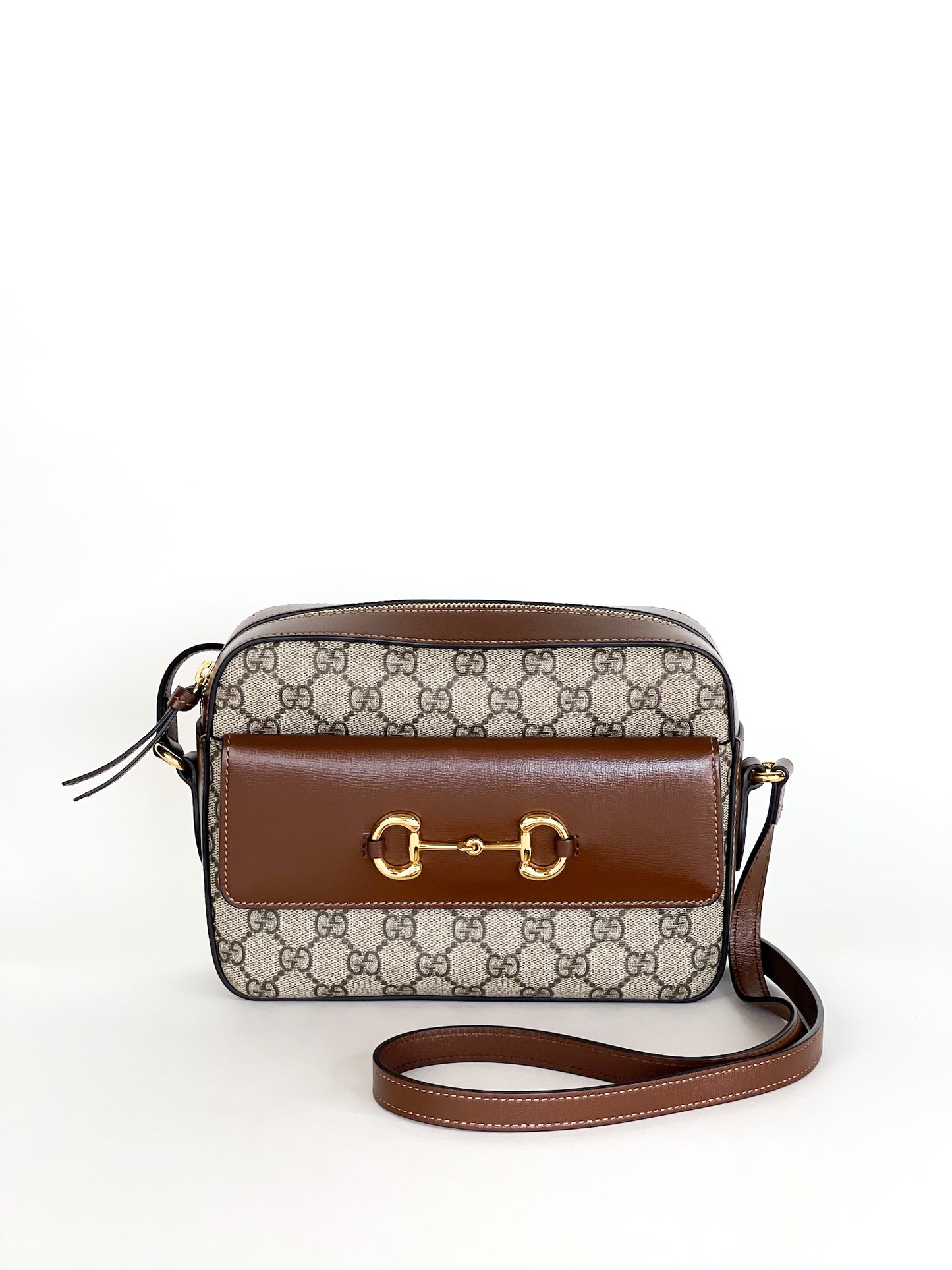 Gucci Small Horsebit Beige/Brown GG Supreme Canvas and Leather Shoulder Bag