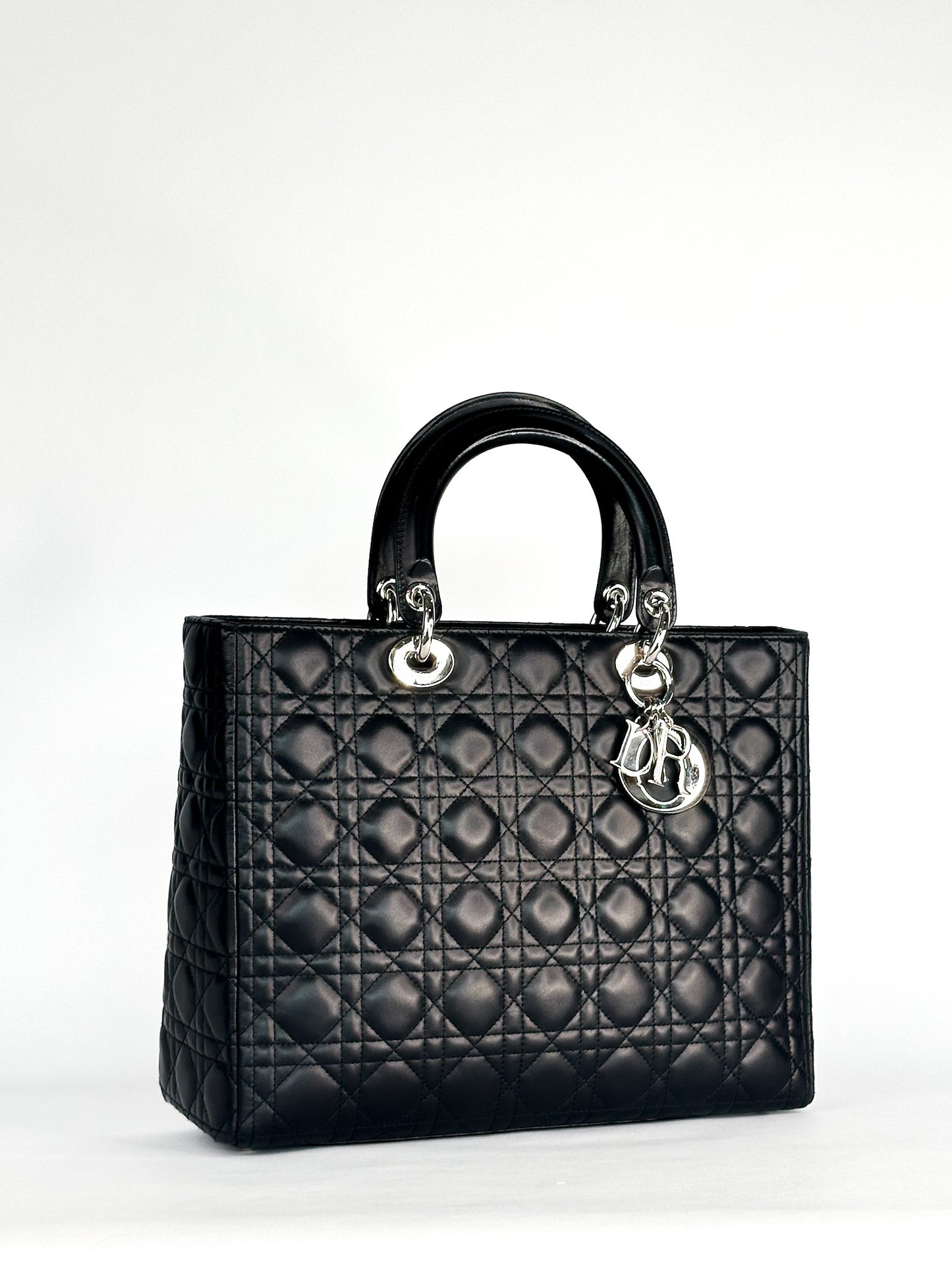 Christian Dior Large Lady Dior Black Cannage Lambskin Silver Hardware