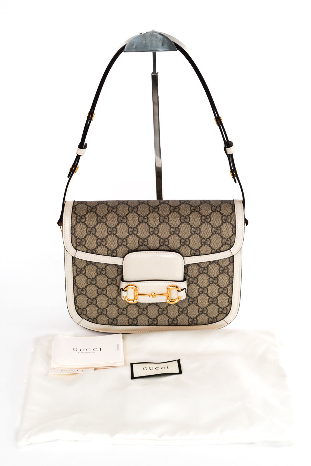 Gucci Beige/Off White GG Supreme Canvas and Leather Medium Horsebit 1955 Shoulder Bag