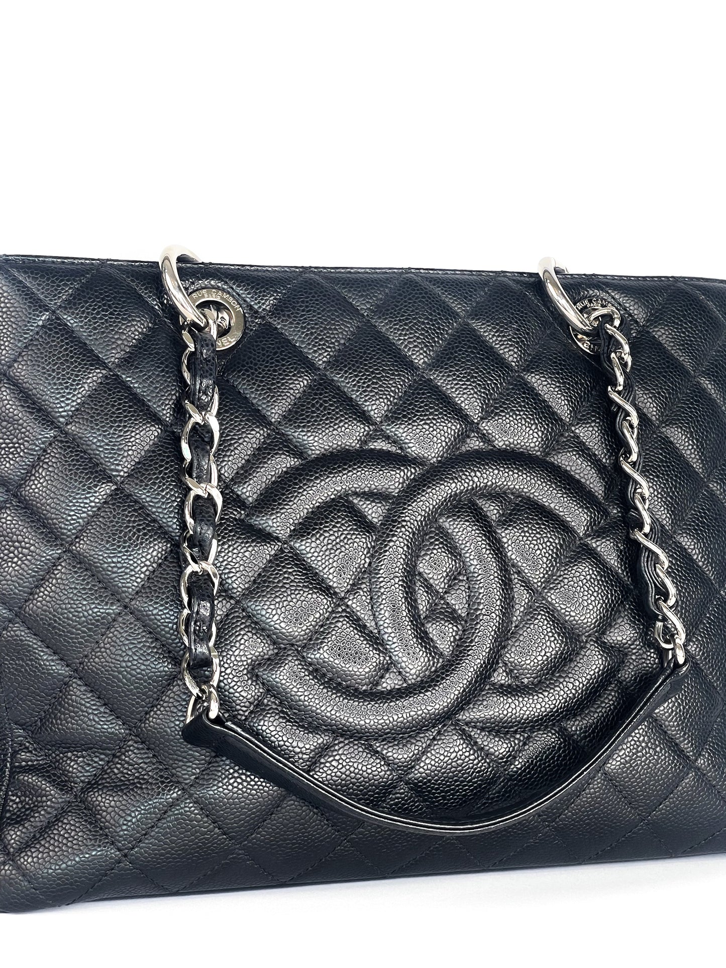 Chanel Grand Shopping Tote (GST) Black Quilted Caviar Leather Silver Hardware