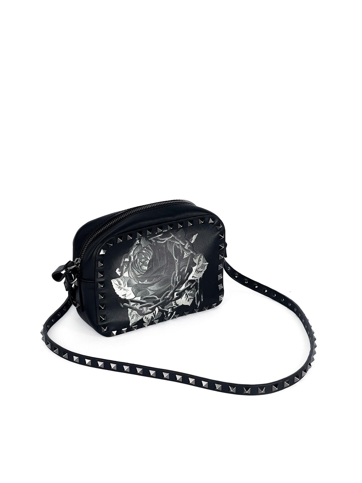 Valentino Garavani X UNDERCOVER Calfskin Rockstud Rose Print Camera Crossbody Bag Black Limited Edition