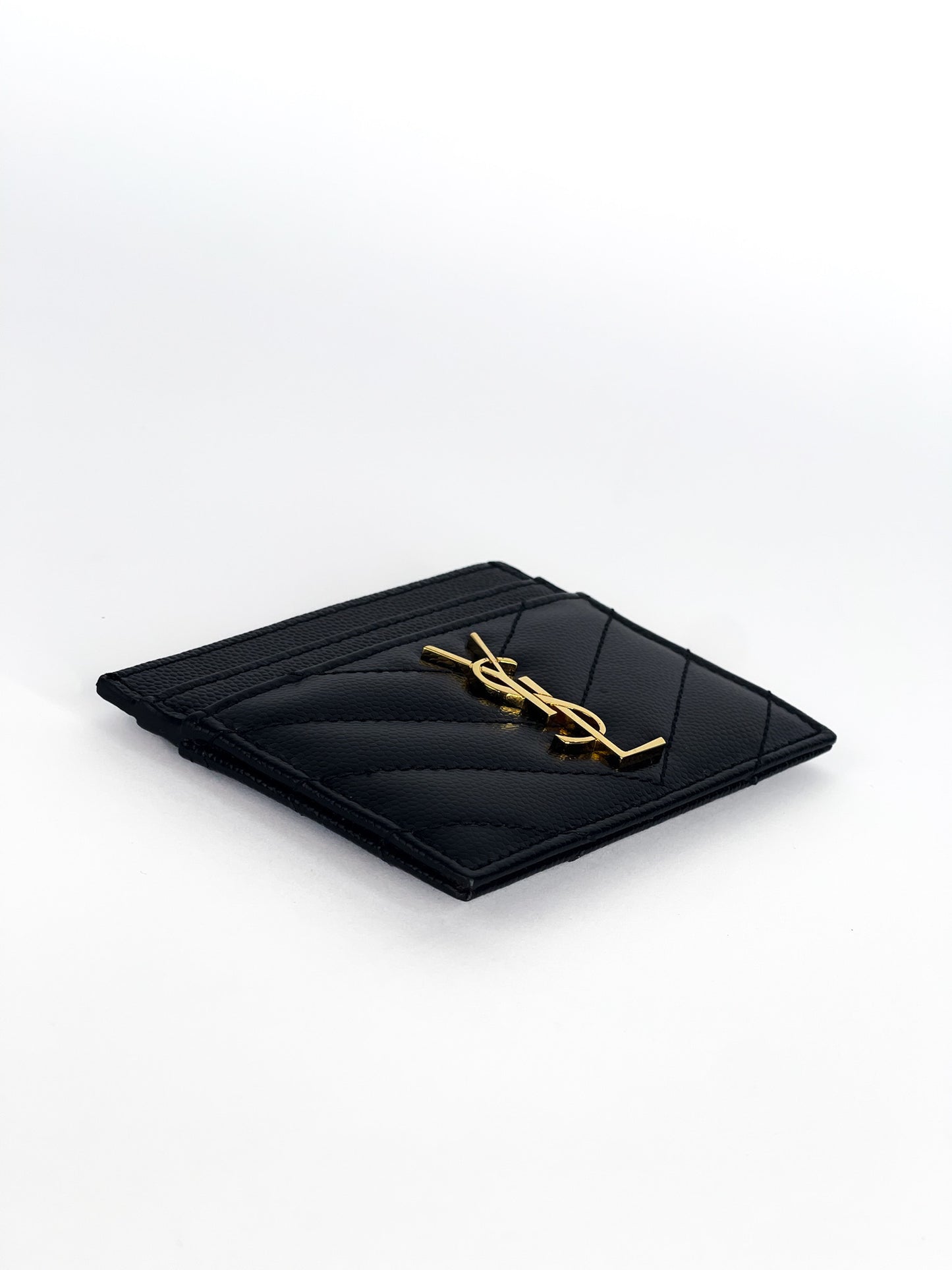 Saint Laurent Grain De Poudre Matelasse Chevron Monogram Credit Card Case Black