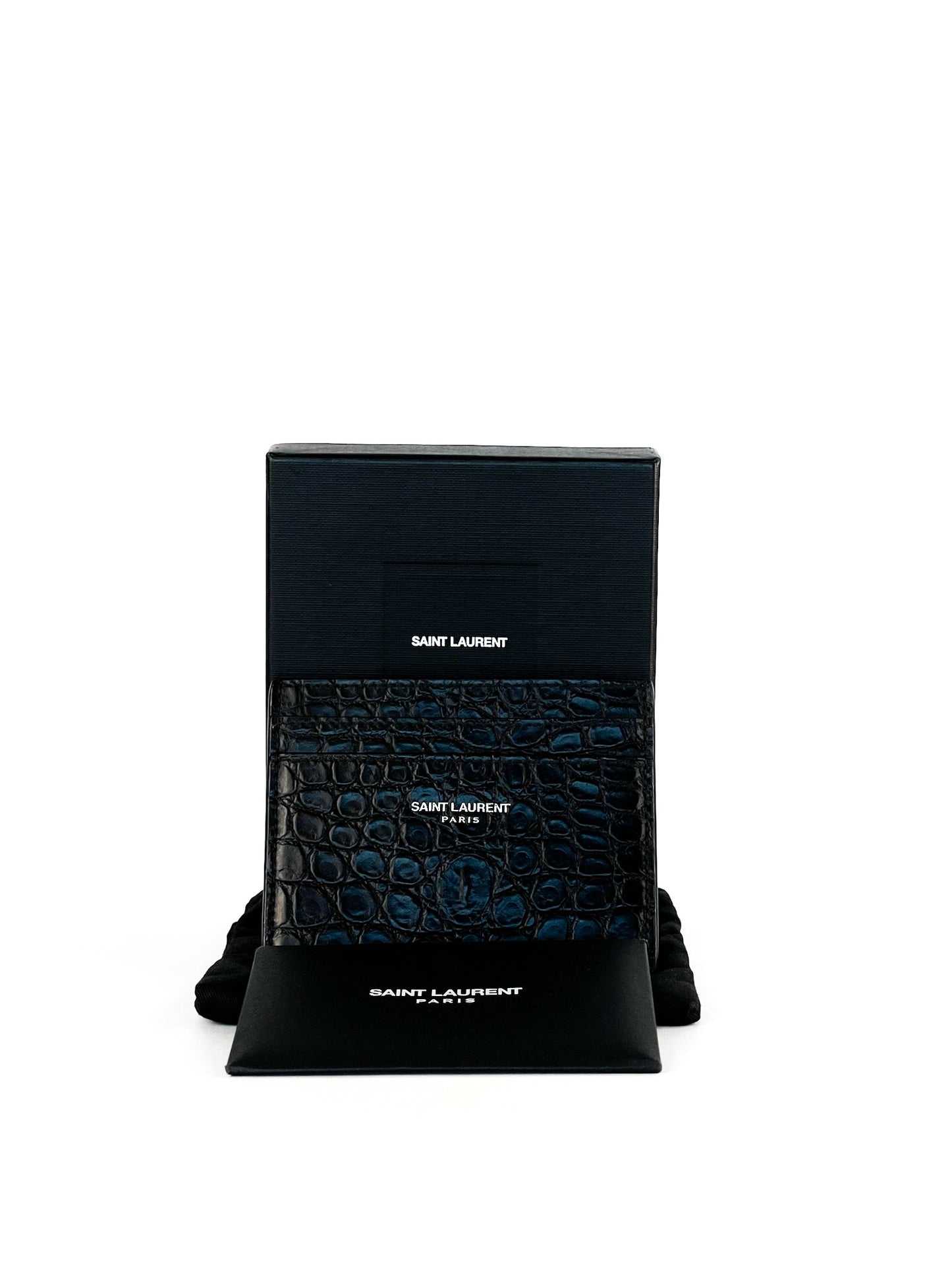 Saint Laurent Calfskin Crocodile Embossed Card Case Black