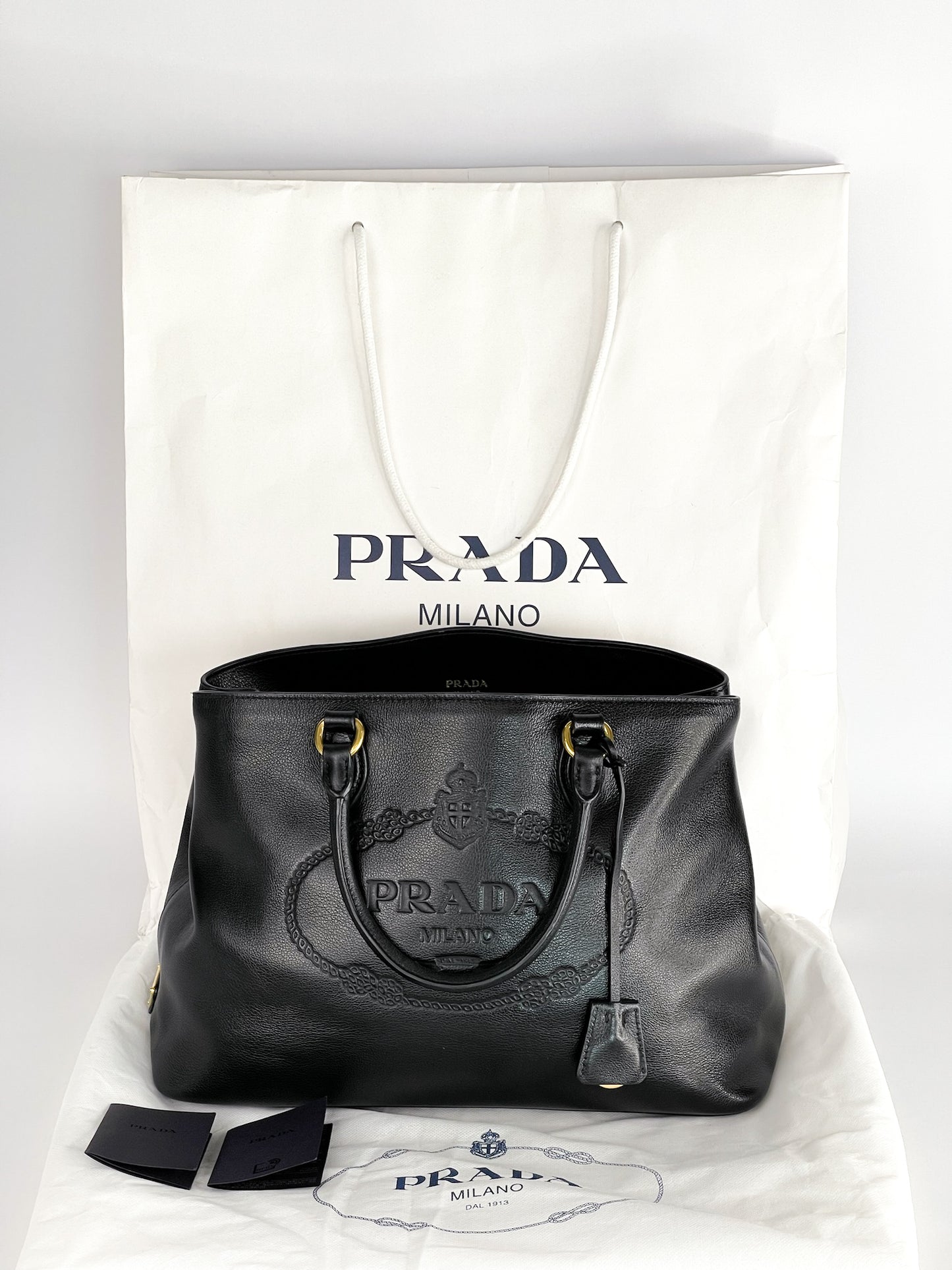 Prada Glace Calfskin Embossed Logo Tote Black