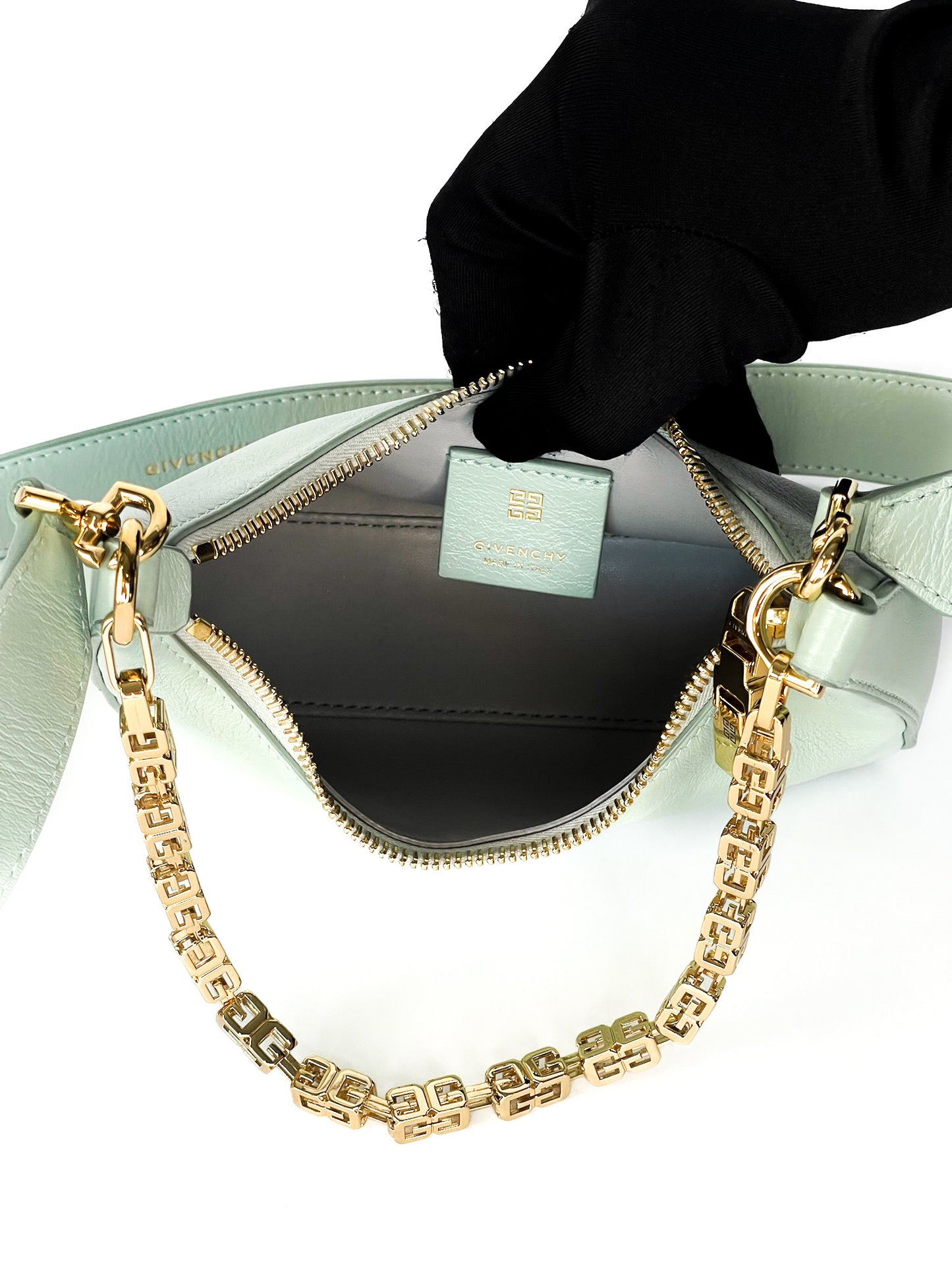 Givenchy Smooth Calfskin Mini Moon Cut Out Shoulder Bag Celadon