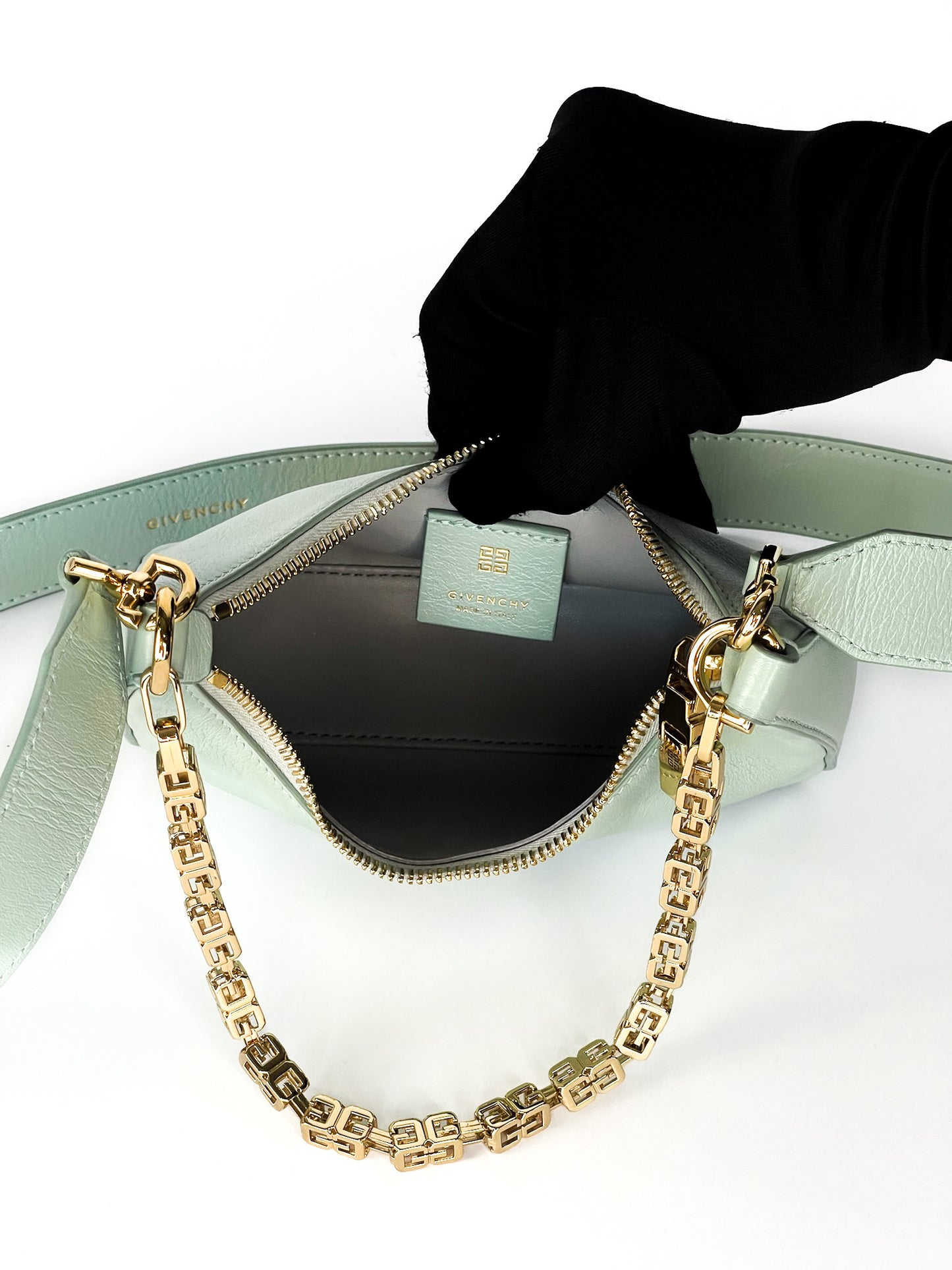 Givenchy Smooth Calfskin Mini Moon Cut Out Shoulder Bag Celadon