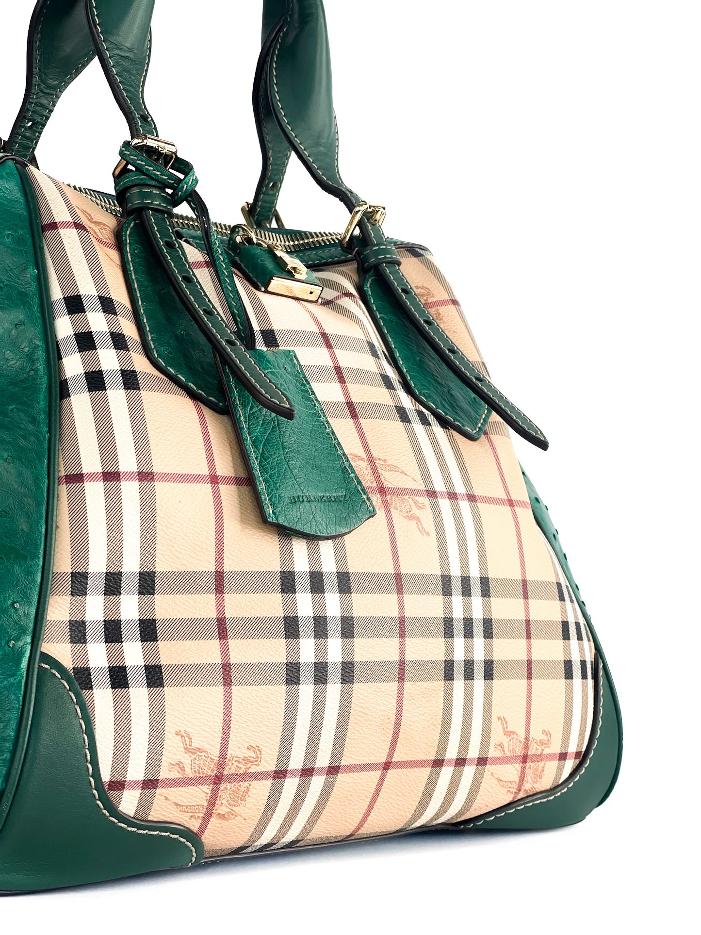 Burberry Haymarket Check Coated Canvas and Leather Boston Bag Limited Edition with Ostrich Leather