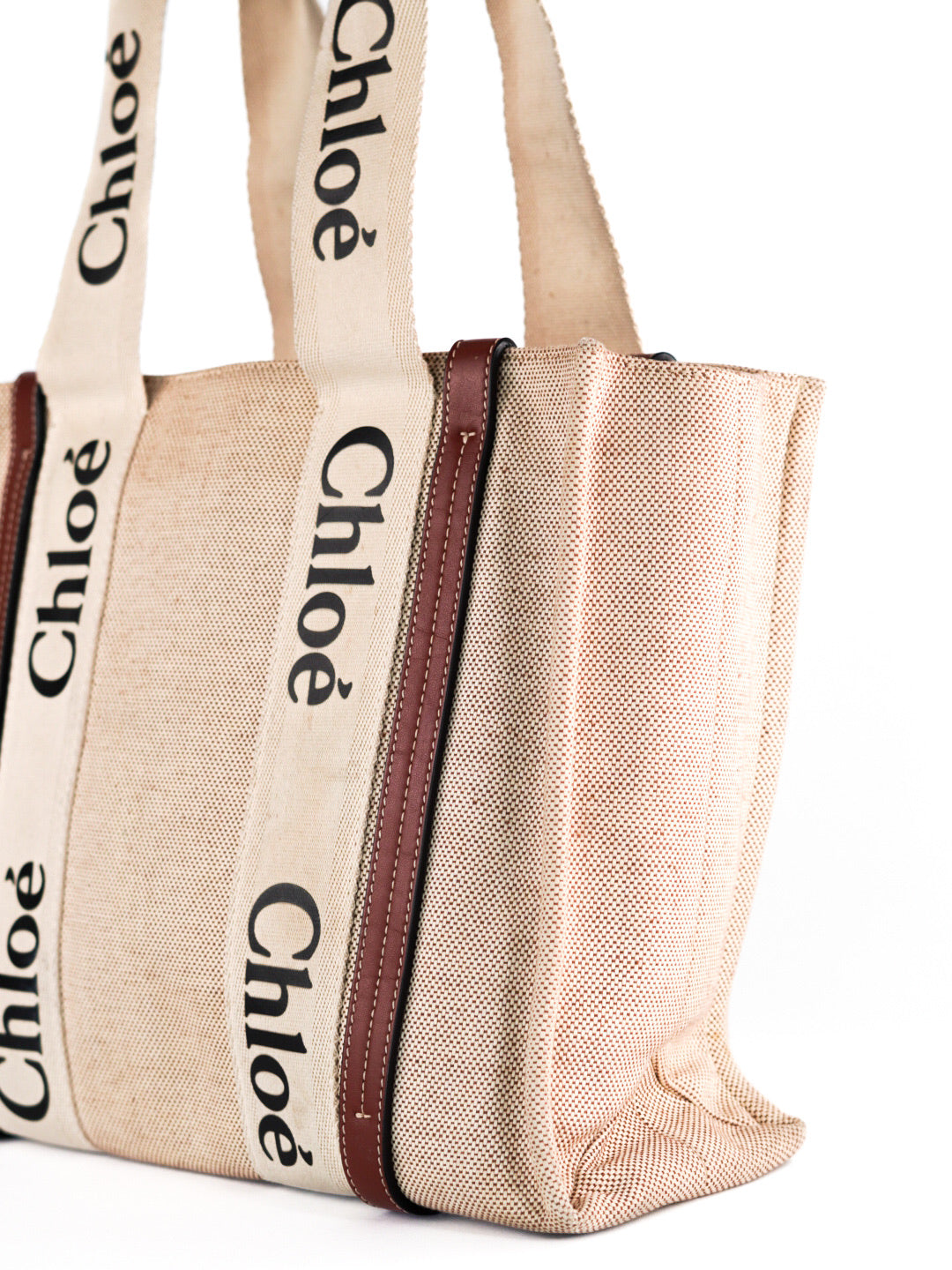 Chloe Beige/Brown Canvas and Leather Medium Woody Tote