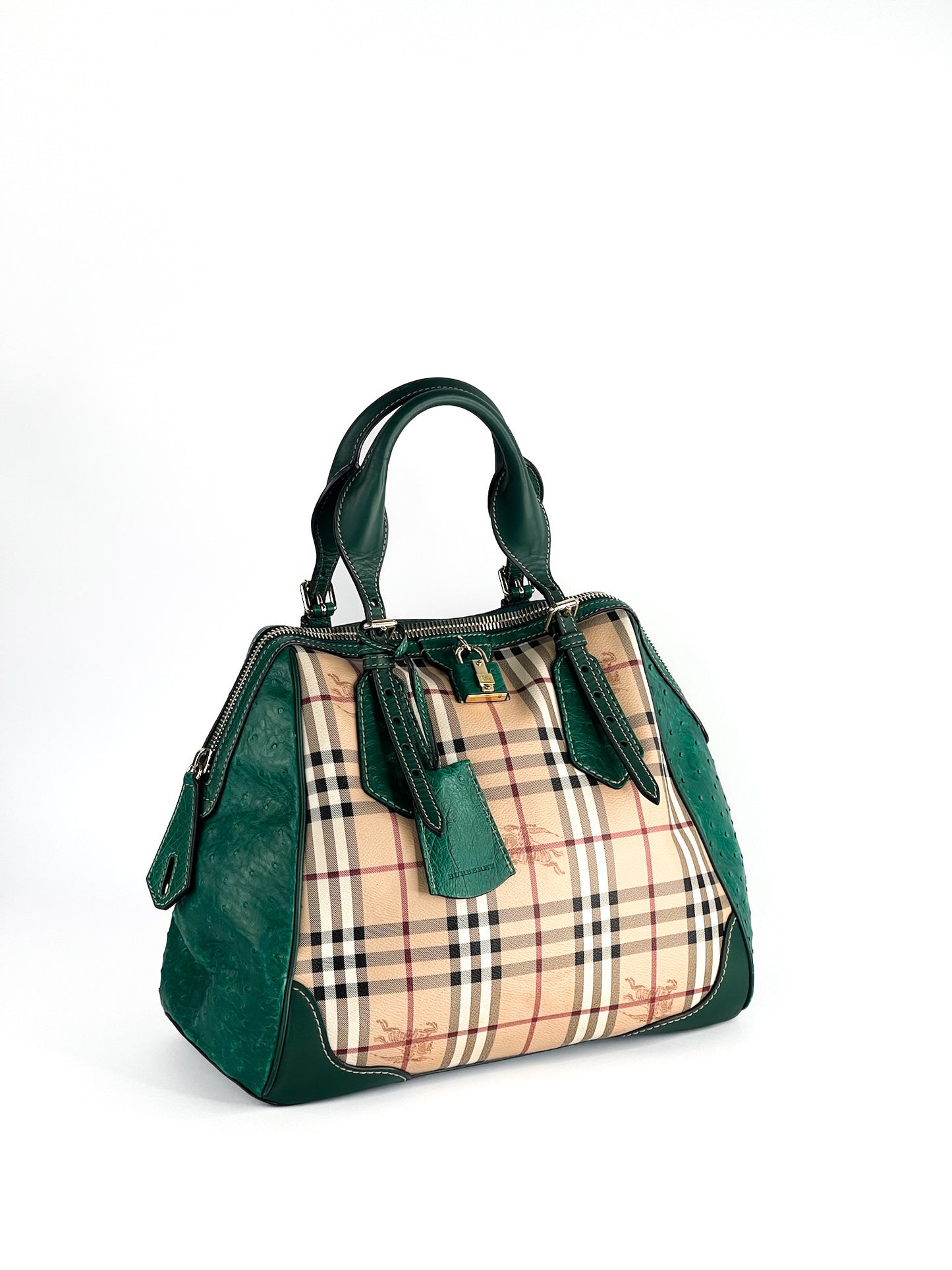 Burberry Haymarket Check Coated Canvas and Leather Boston Bag Limited Edition with Ostrich Leather