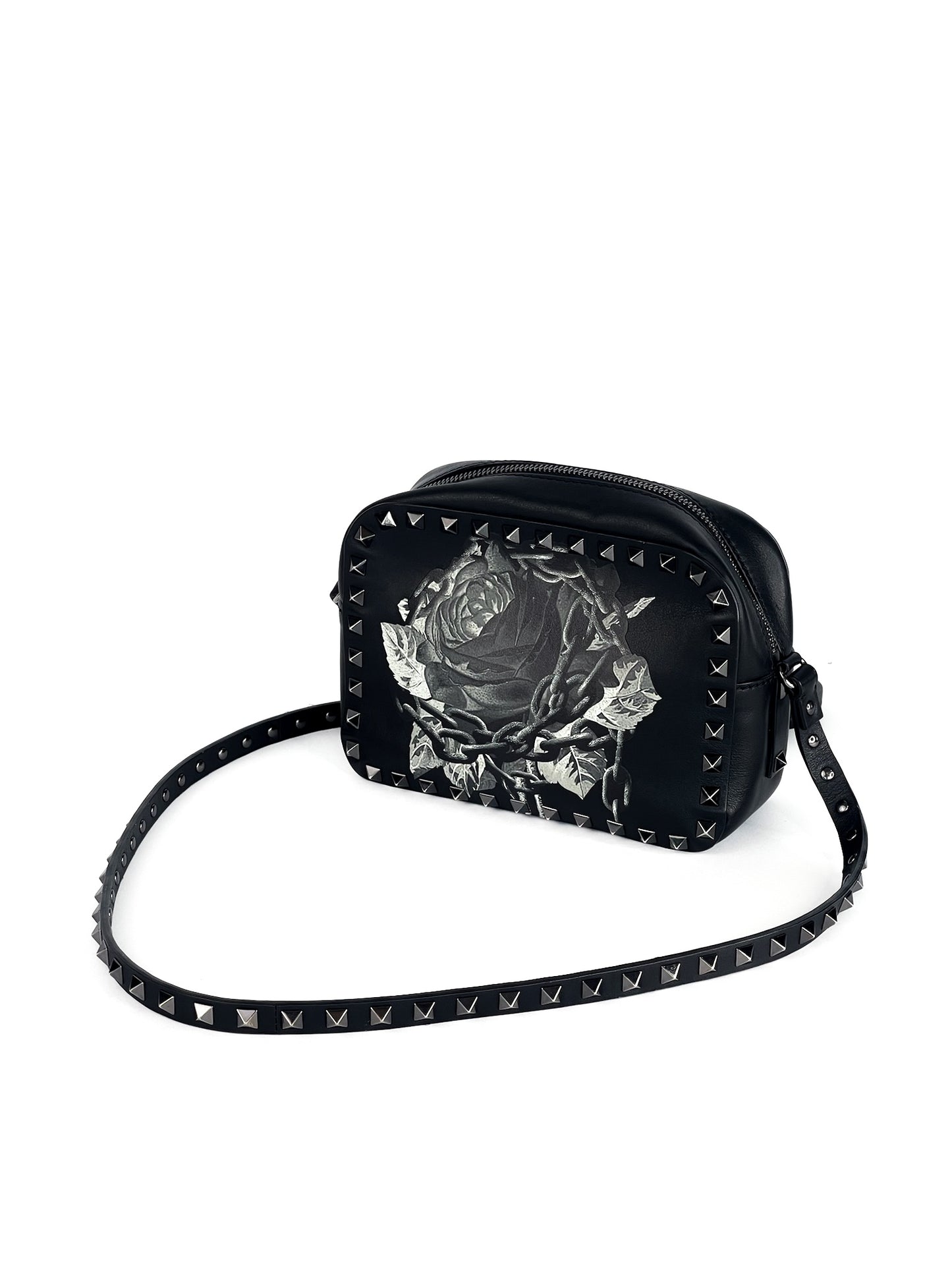 Valentino Garavani X UNDERCOVER Calfskin Rockstud Rose Print Camera Crossbody Bag Black Limited Edition