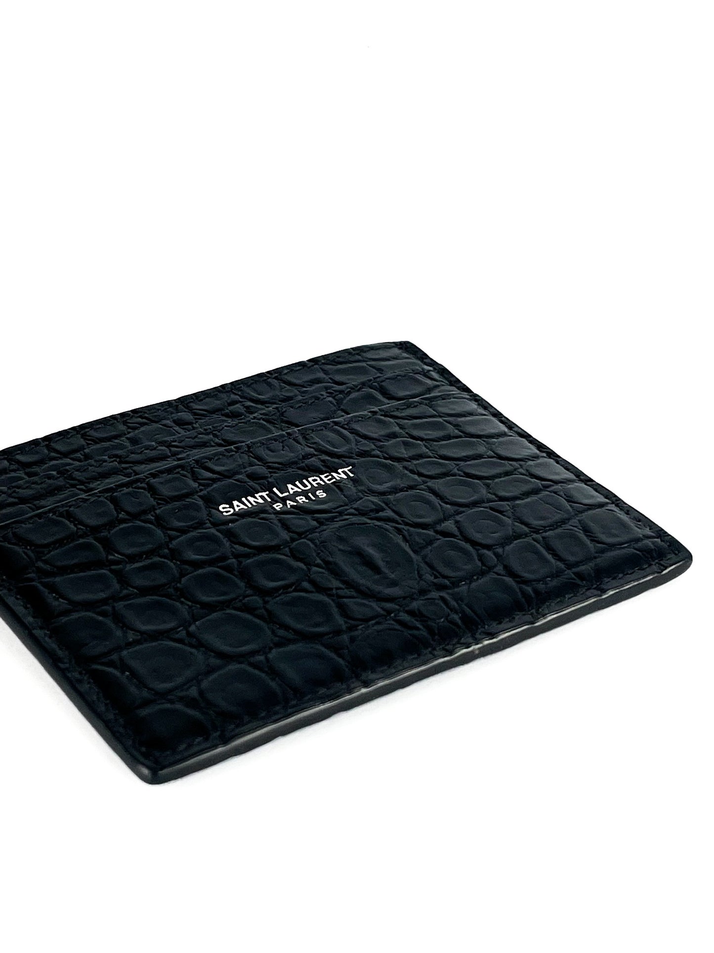 Saint Laurent Calfskin Crocodile Embossed Card Case Black