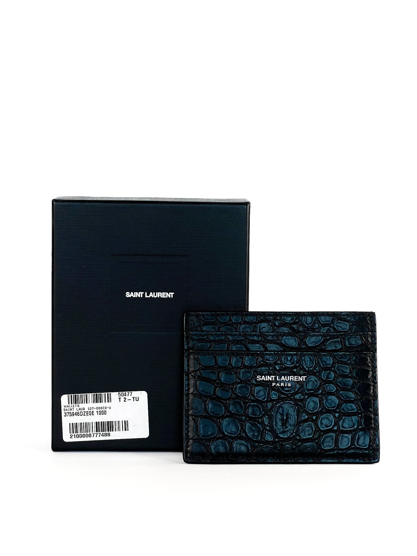 Saint Laurent Calfskin Crocodile Embossed Card Case Black